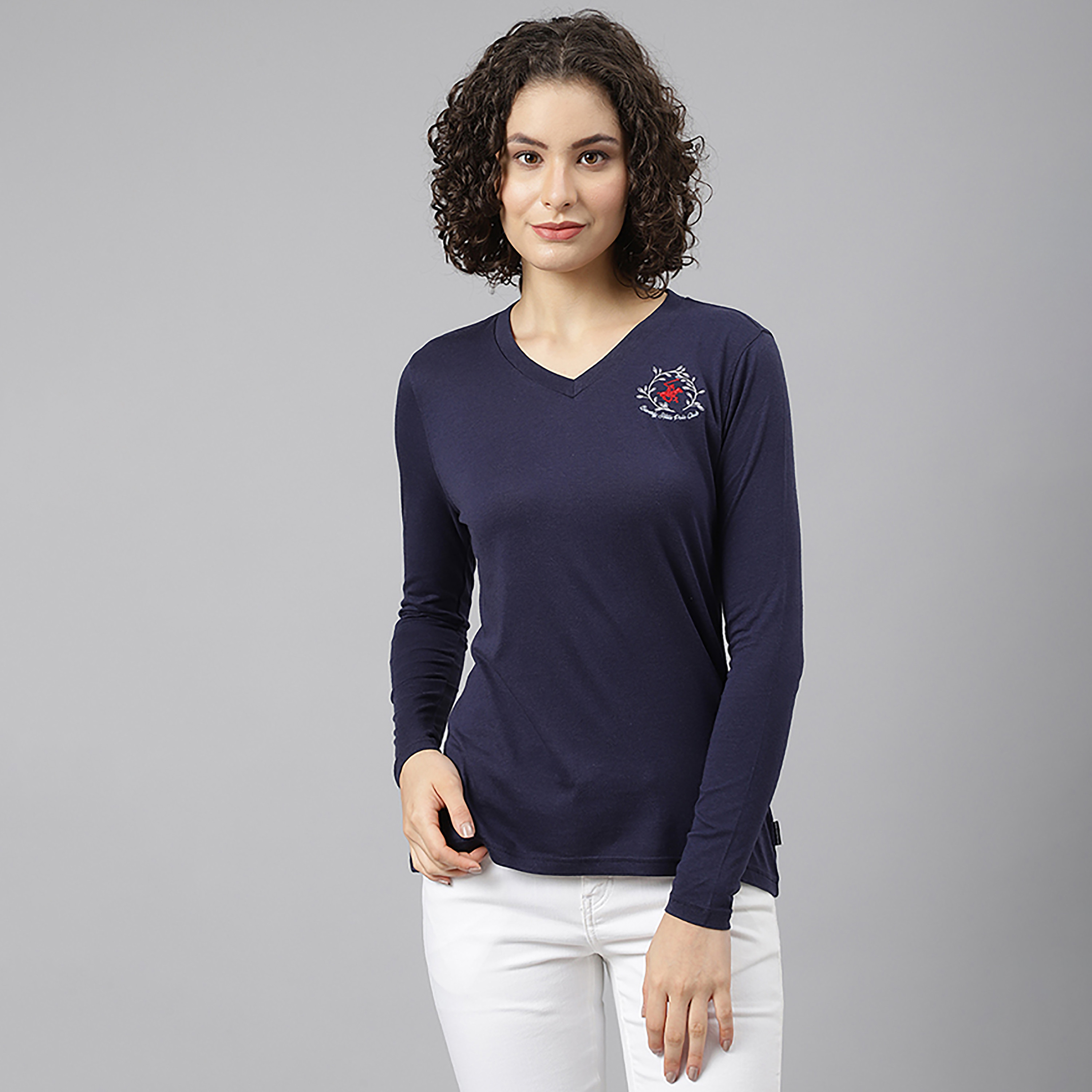 Beverly Hills Polo Club Logo V-Neck Long Sleeves T-Shirt-women-clothing-tshirts-image-1