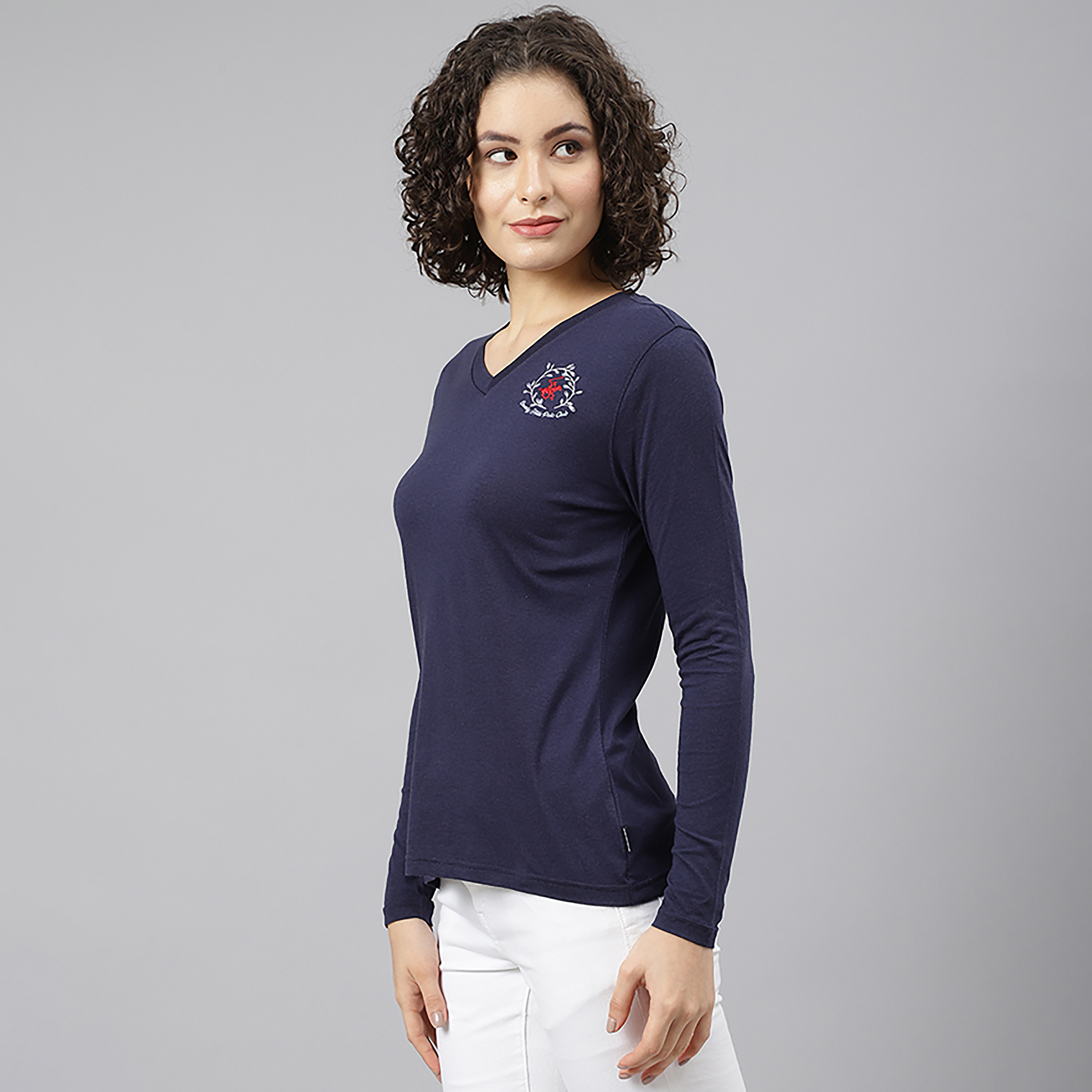 Beverly Hills Polo Club Logo V-Neck Long Sleeves T-Shirt-women-clothing-tshirts-image-2