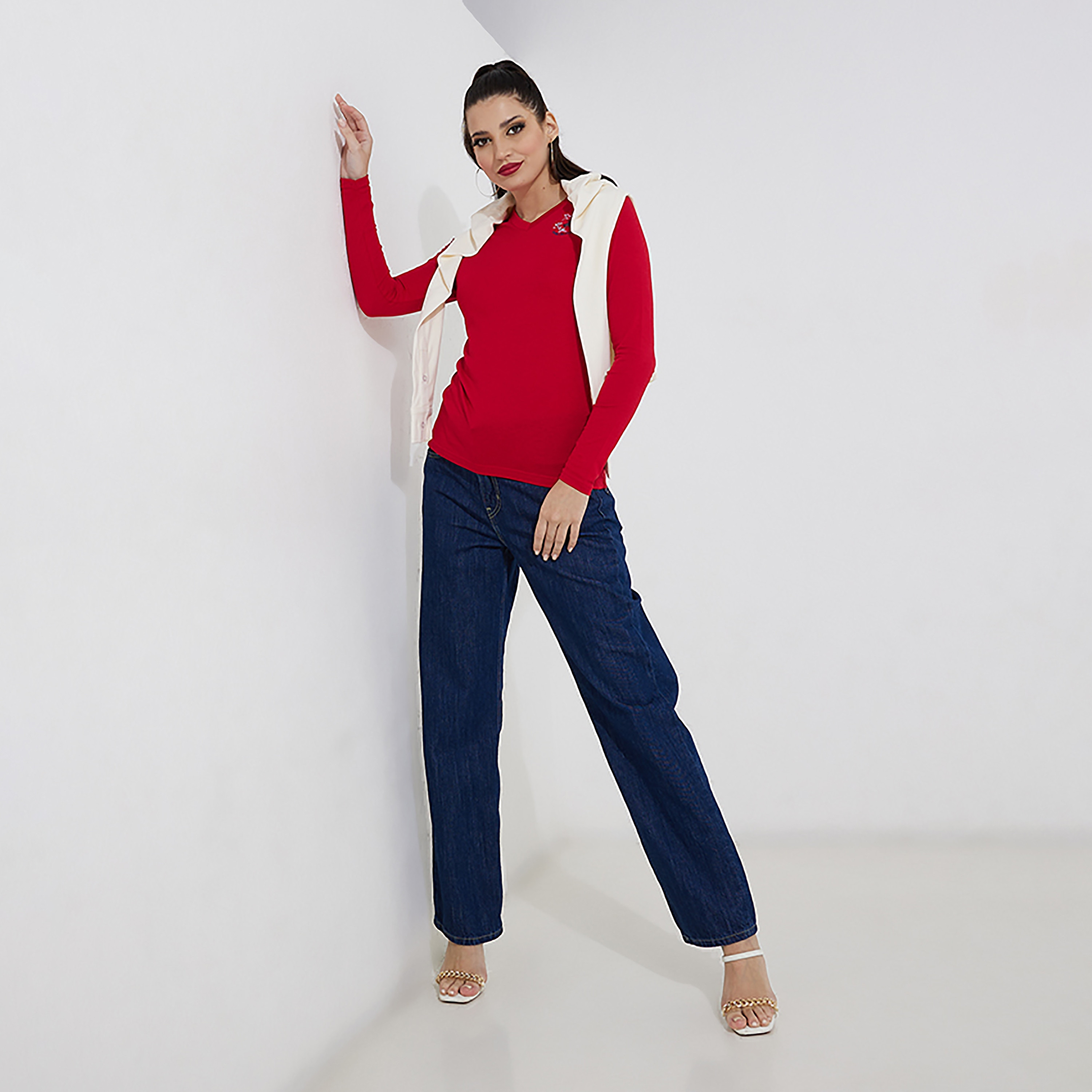 Beverly Hills Polo Club Embroidered Logo V-Neck Long Sleeves T-Shirt-women-clothing-tshirts-image-2