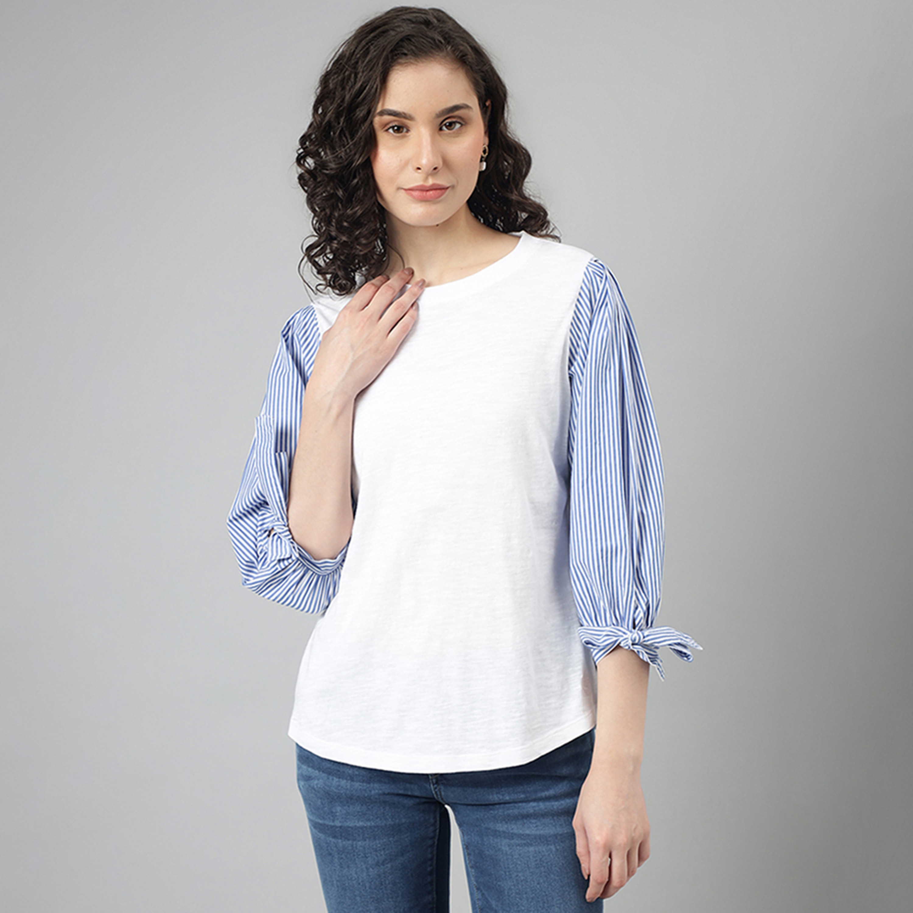Beverly Hills Polo Club Color Block Crew Neck Tie-Up Sleeves Top-women-clothing-shirtsandblouses-blouses-image-1