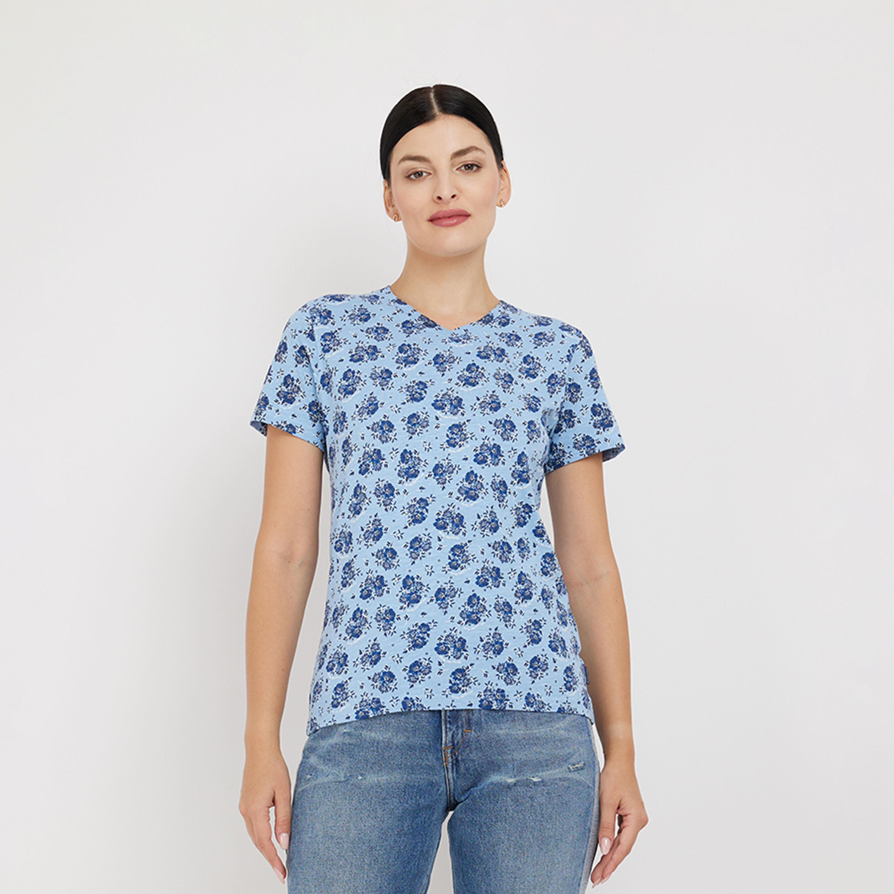 Beverly Hills Polo Club Floral V-neck Short Sleeve T-shirt-women-clothing-tshirts-image-1