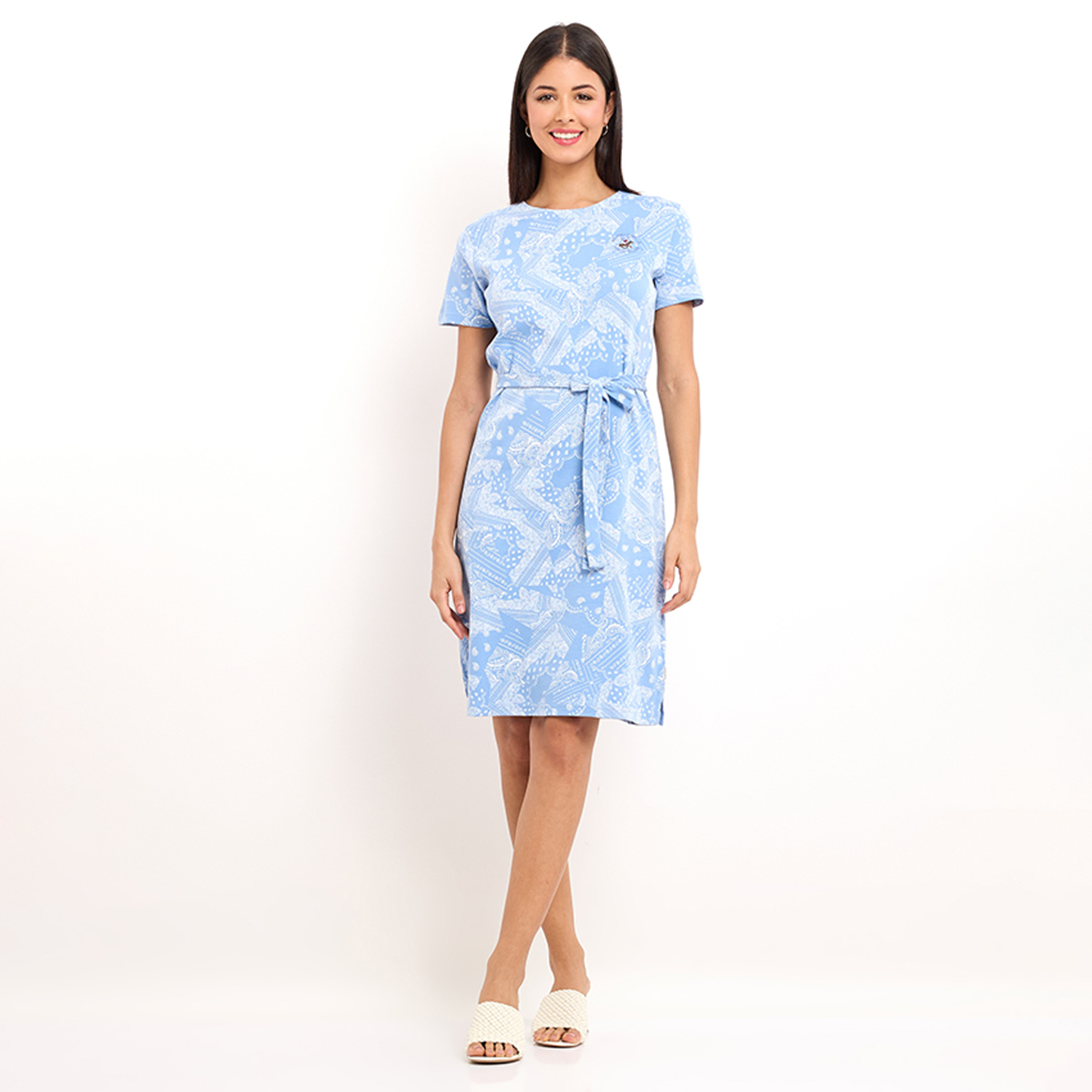 Beverly Hills Polo Club Blue Ethnic Motifs Print T-Shirt Knee Length Women's Dress-women-clothing-dresses-image-1