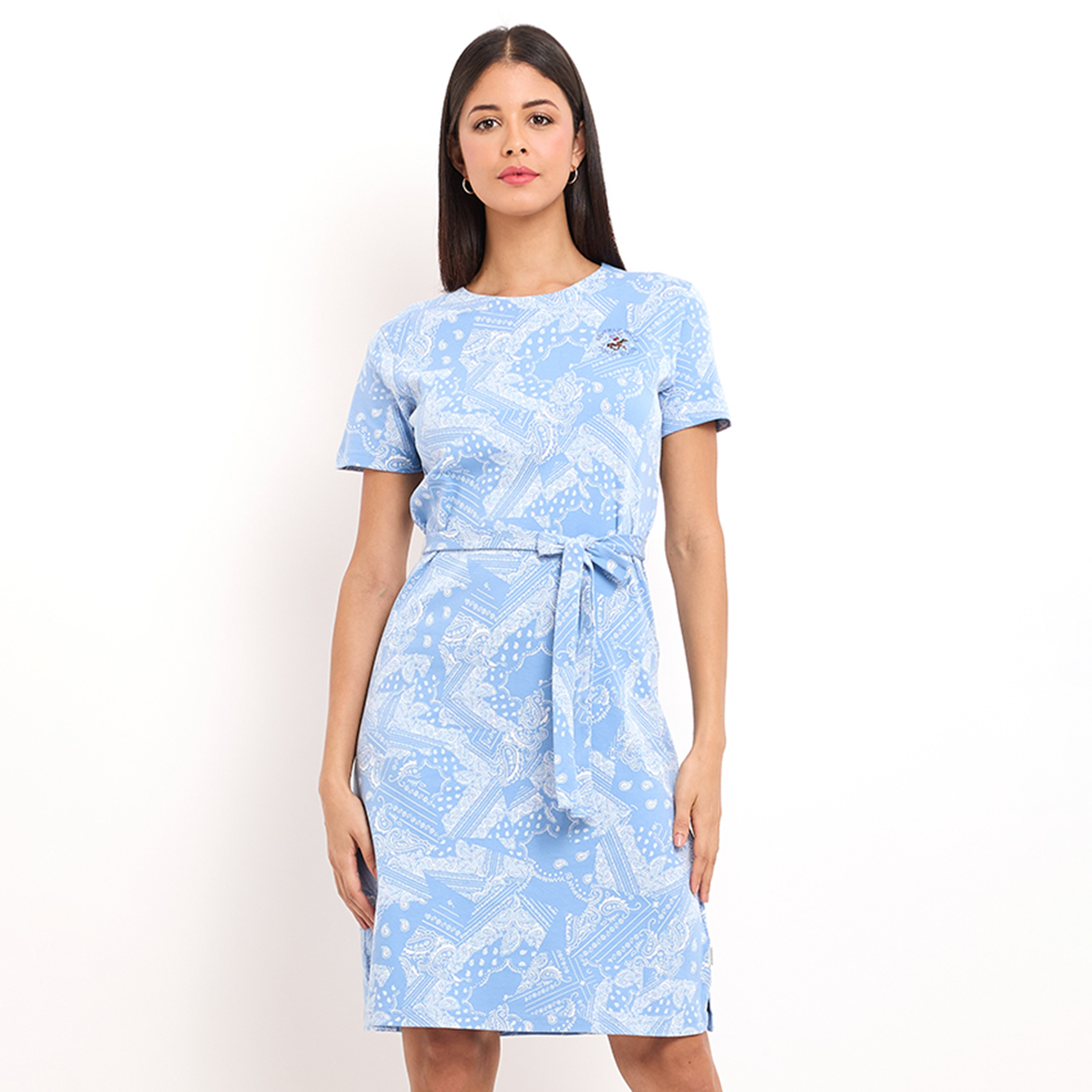 Beverly Hills Polo Club Blue Ethnic Motifs Print T-Shirt Knee Length Women's Dress-women-clothing-dresses-image-3