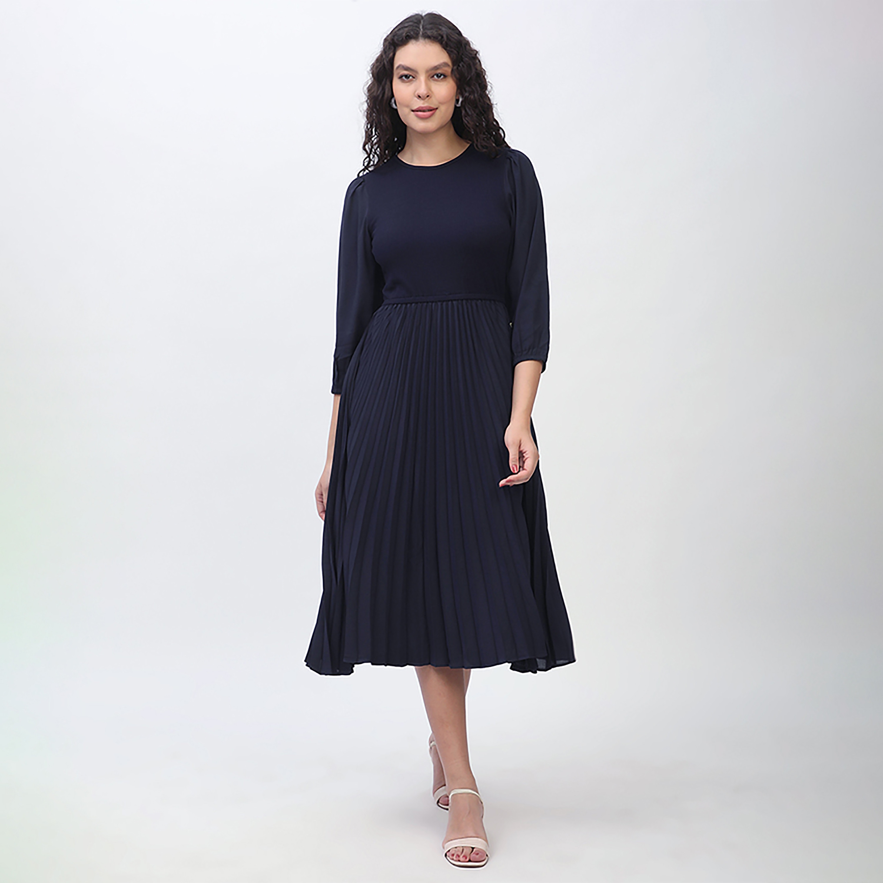 Beverly Hills Polo Club Dark Blue Puff Sleeves Pleated Women's Midi Dress-women-clothing-dresses-image-1