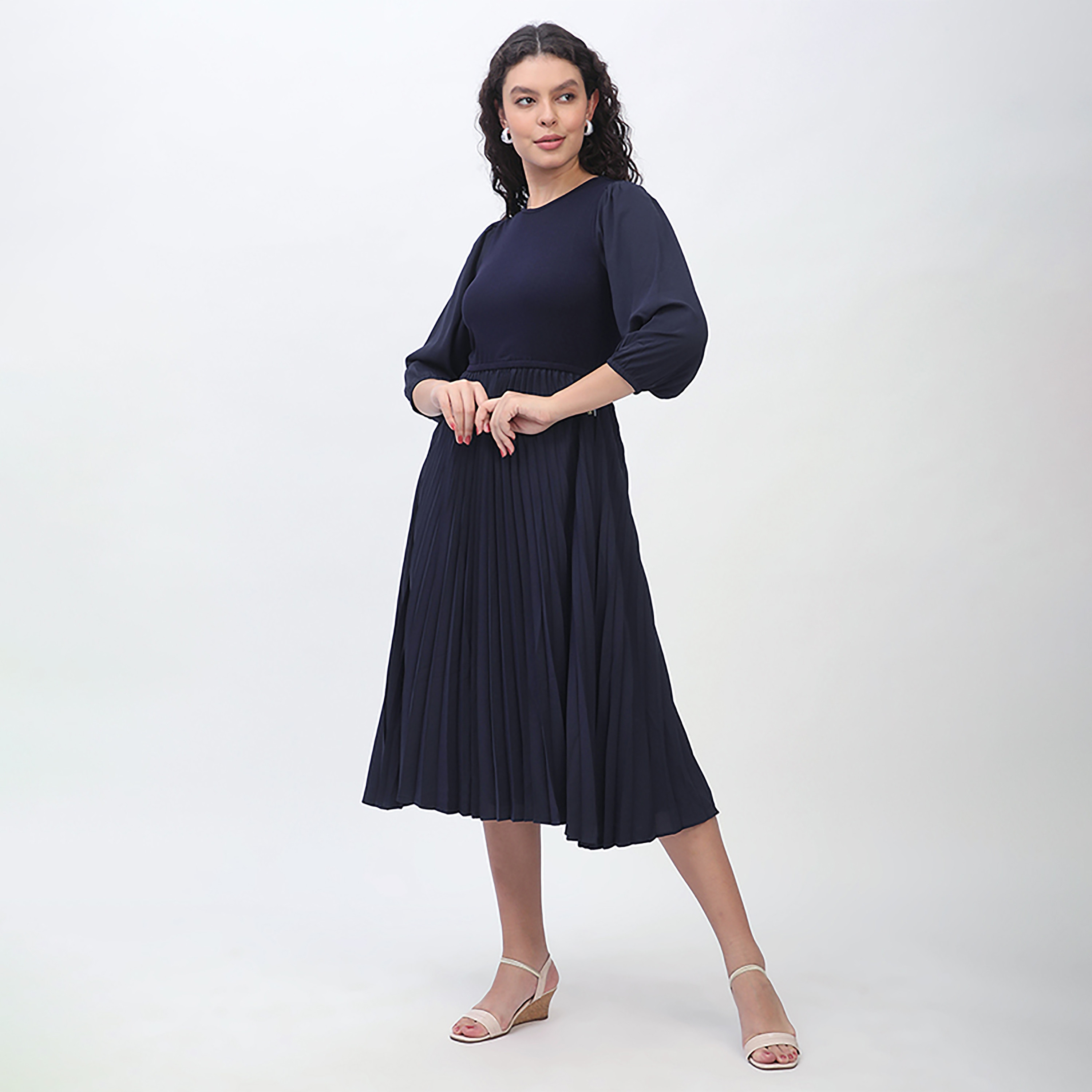 Beverly Hills Polo Club Dark Blue Puff Sleeves Pleated Women's Midi Dress-women-clothing-dresses-image-2