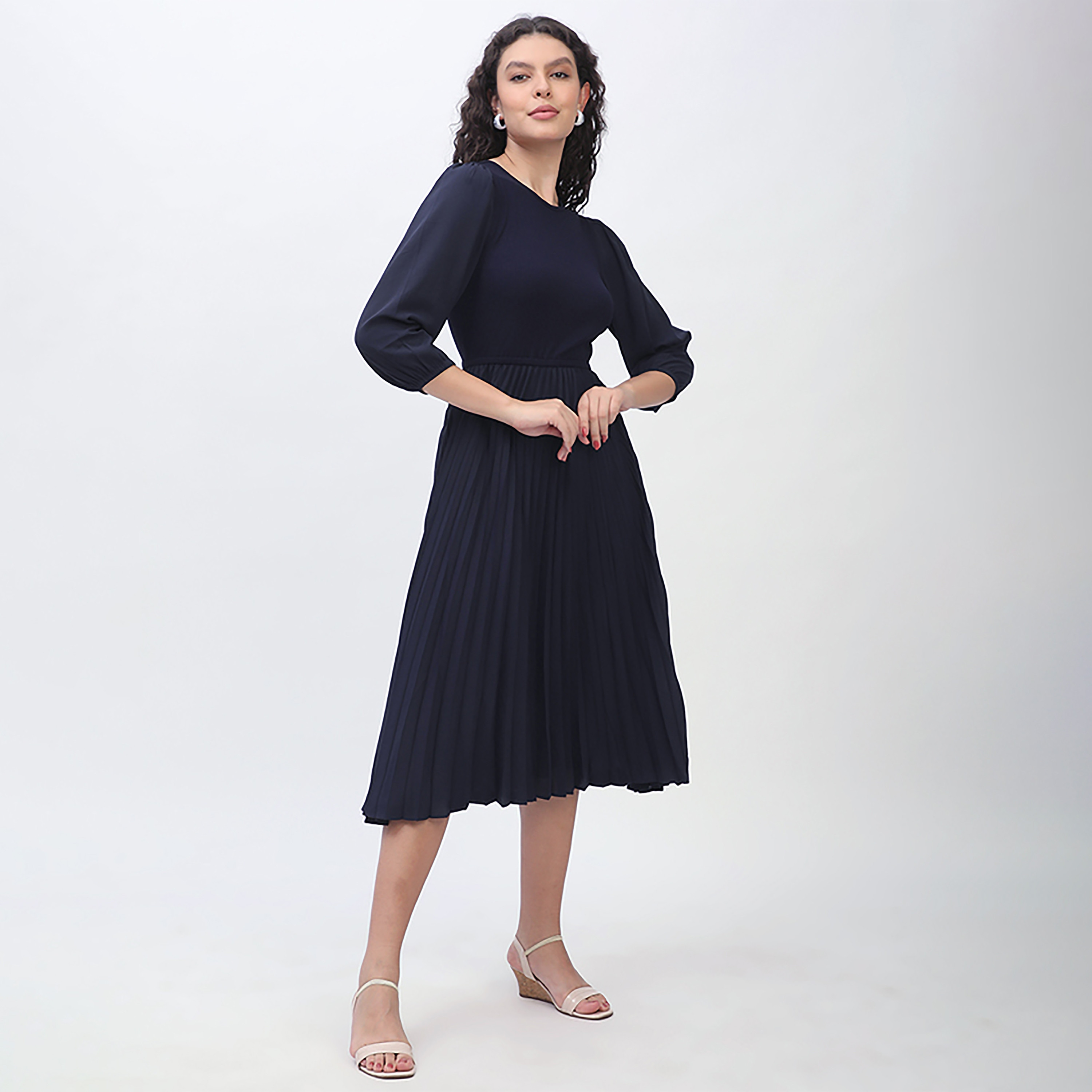 Beverly Hills Polo Club Dark Blue Puff Sleeves Pleated Women's Midi Dress-women-clothing-dresses-image-3