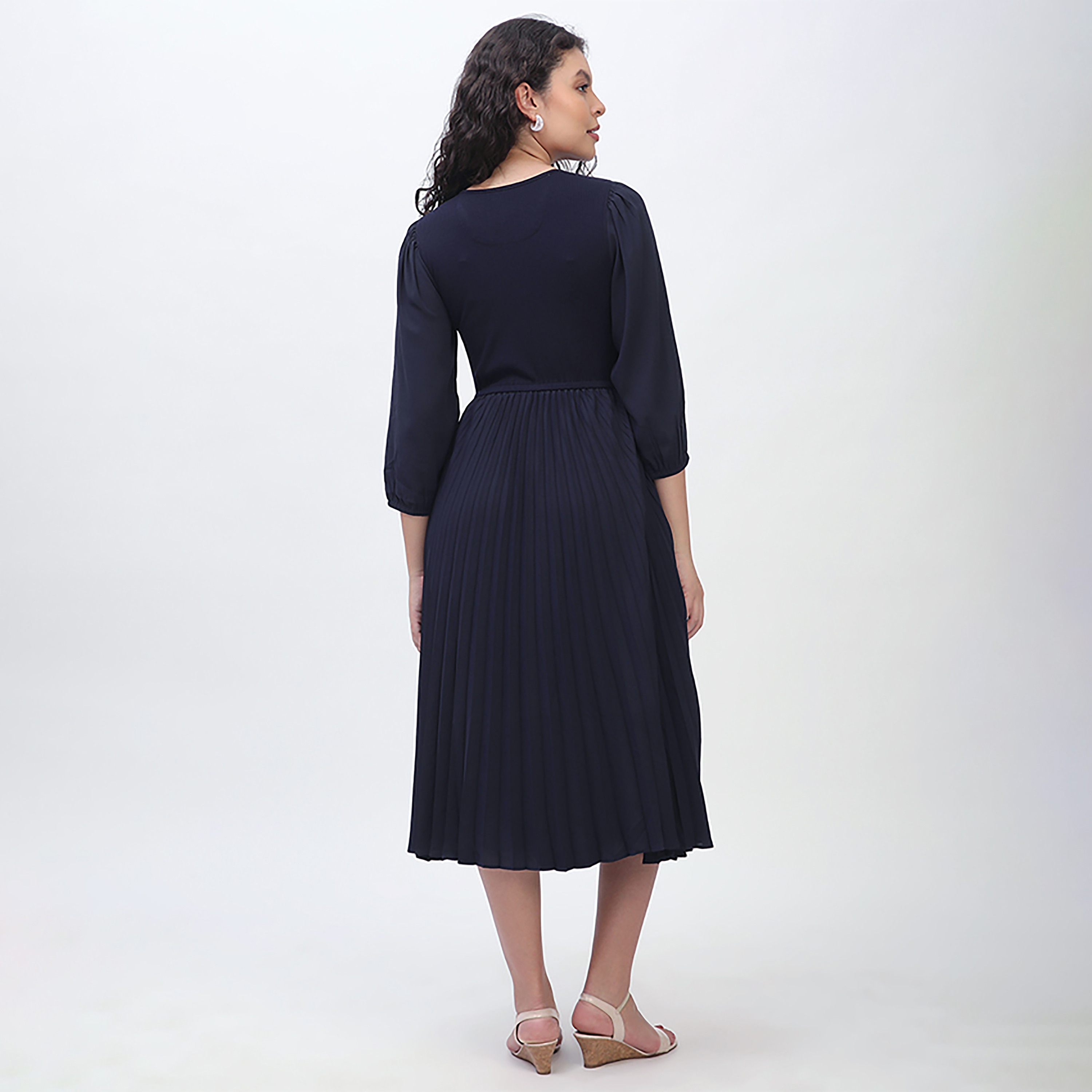 Beverly Hills Polo Club Dark Blue Puff Sleeves Pleated Women's Midi Dress-women-clothing-dresses-image-4