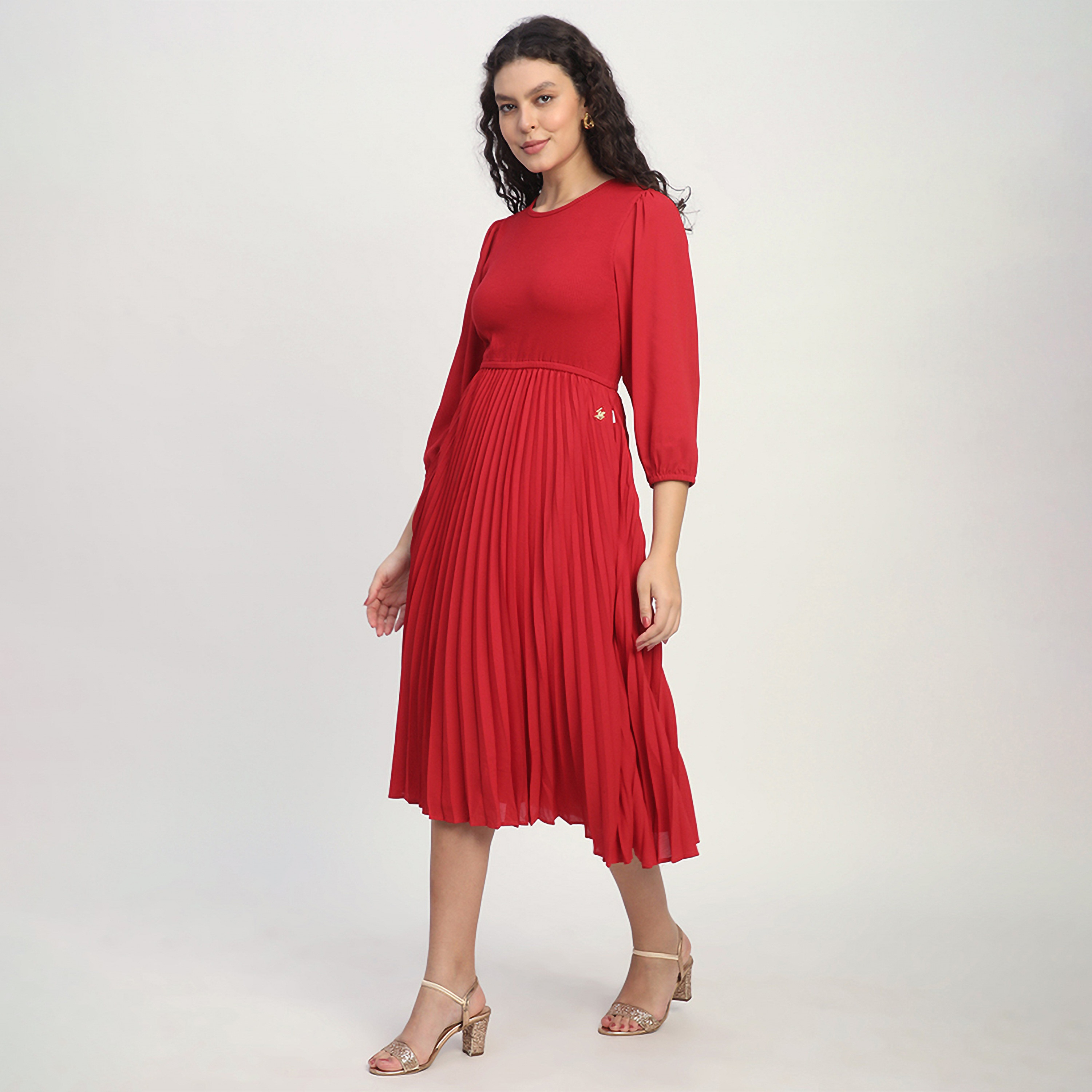 Beverly Hills Polo Club Flamingo Cotton Elasticated Cuffs Women's Pleated Midi Dress-women-clothing-dresses-image-2