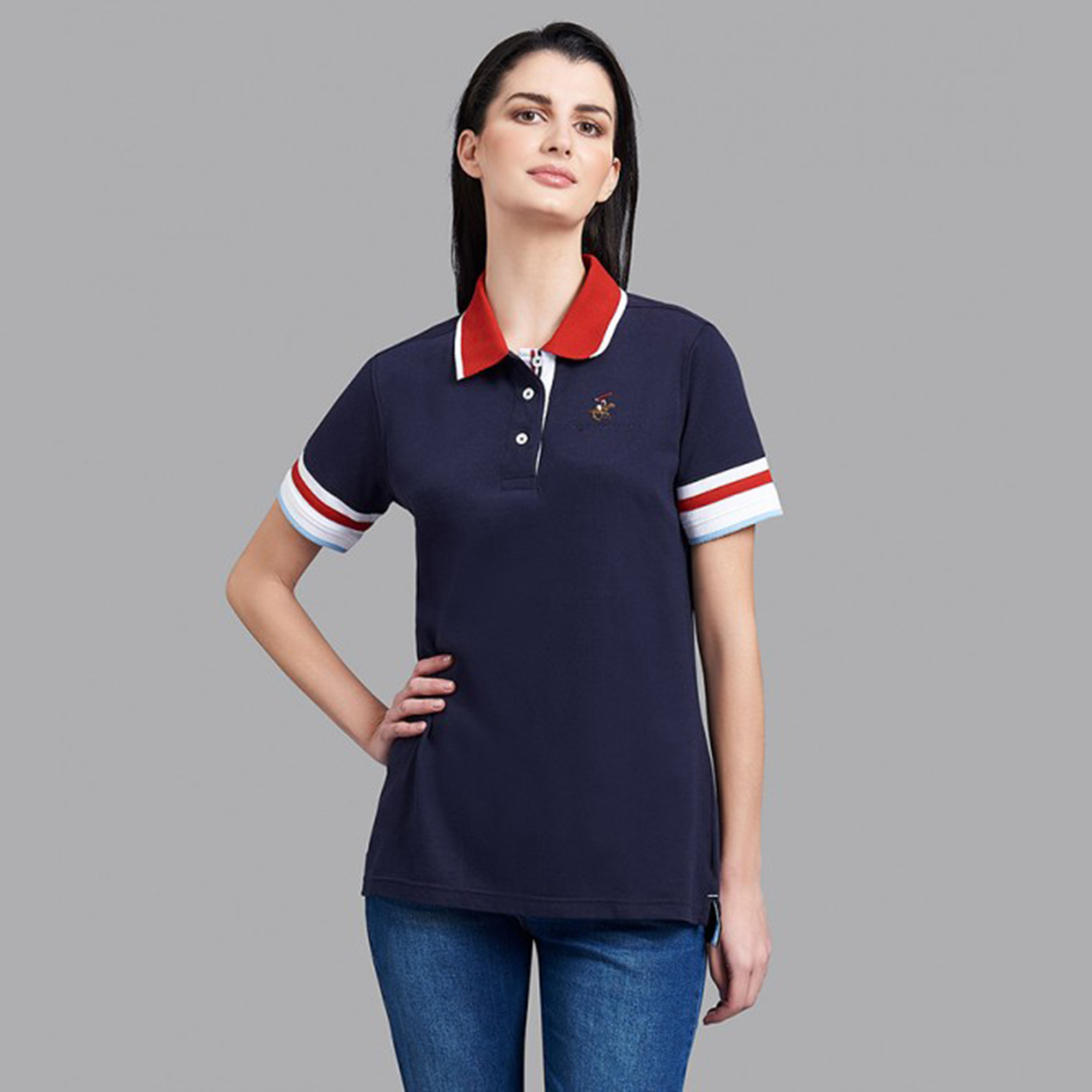 تي شيرت بيفرلي هيلز بولو كلب بأكمام قصيرة سادة بأزرق كحلي للنساء-women-clothing-tshirts-image-1