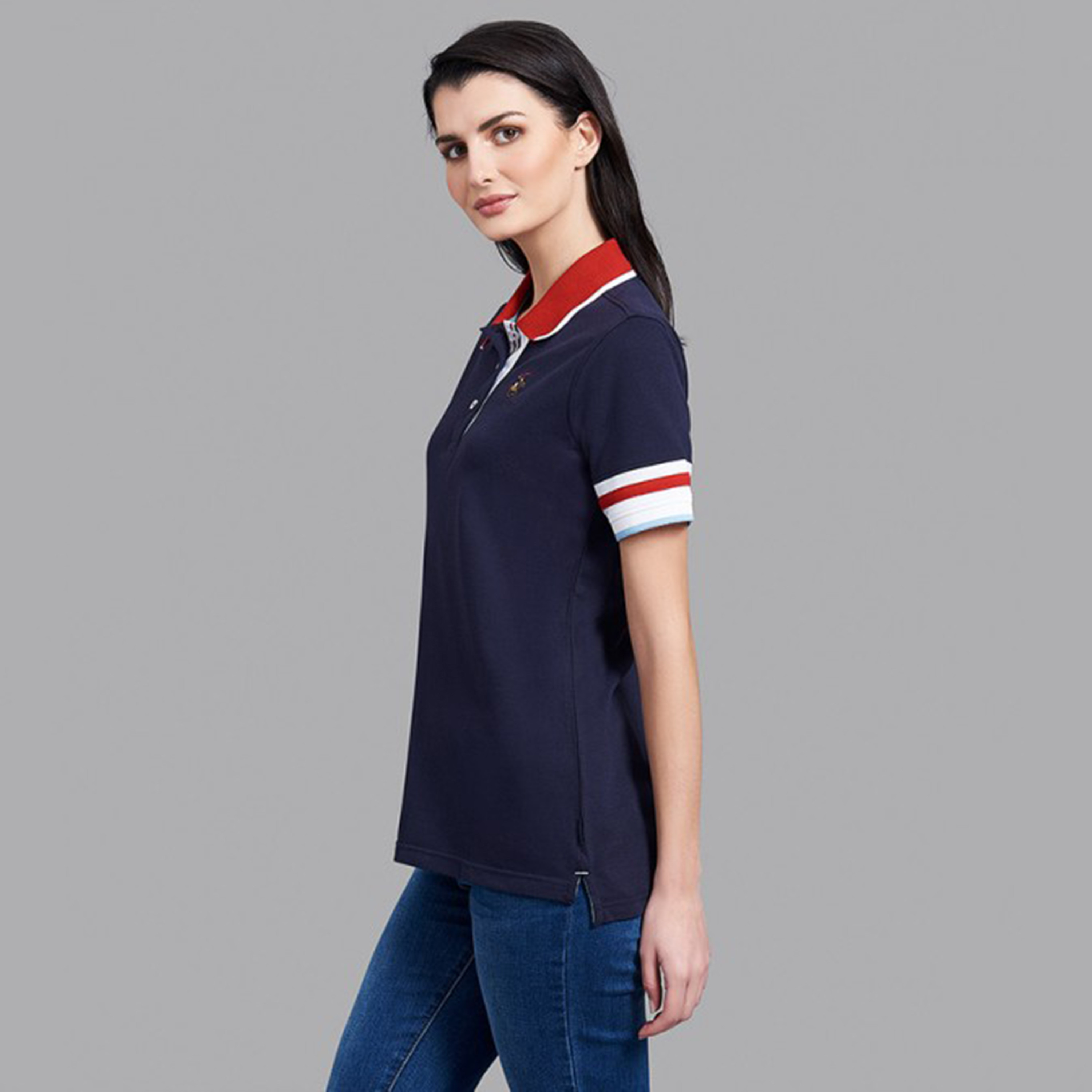 تي شيرت بيفرلي هيلز بولو كلب بأكمام قصيرة سادة بأزرق كحلي للنساء-women-clothing-tshirts-image-2