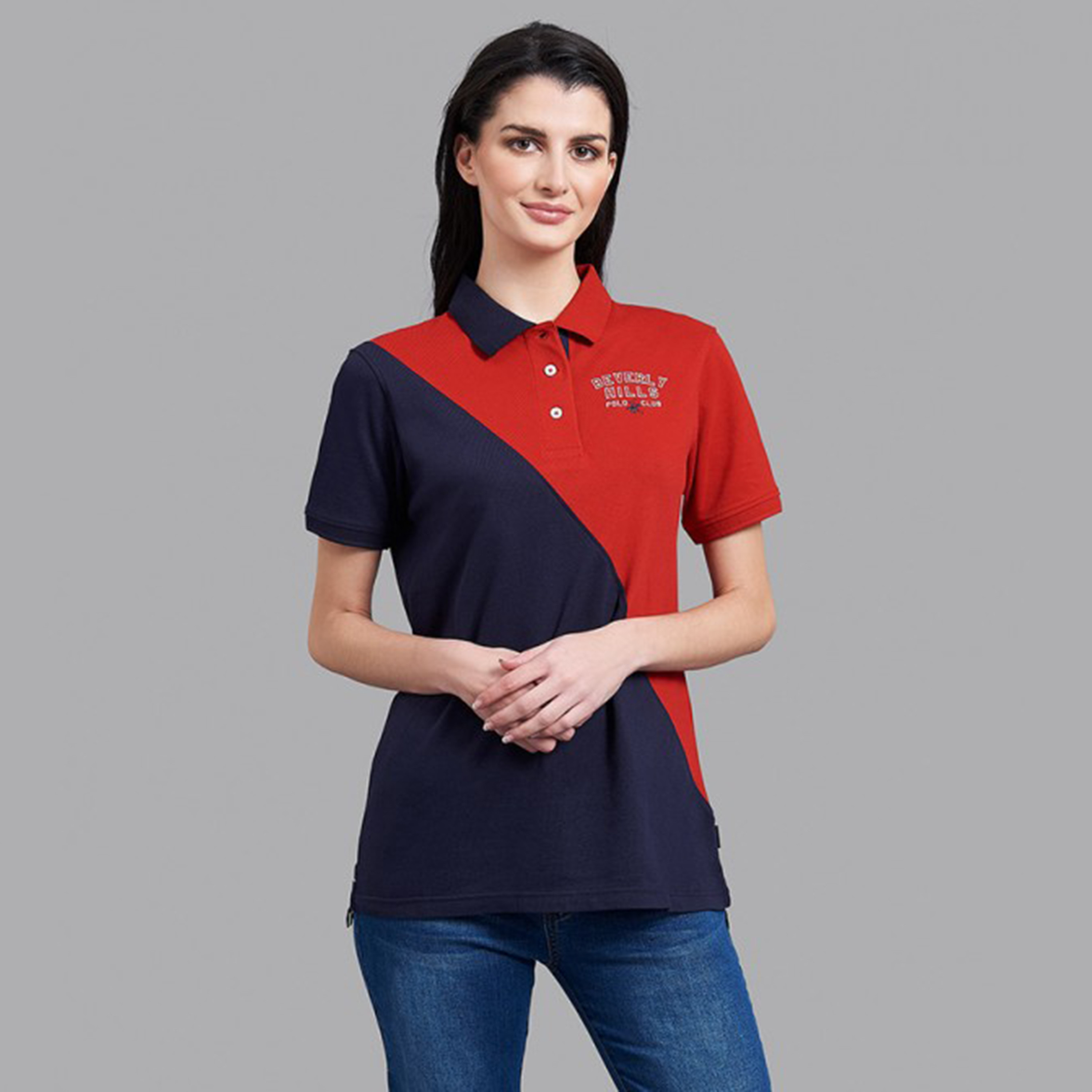 تي شيرت بيفرلي هيلز بولو كلب بأكمام قصيرة مع منسوجة بلون أزرق كحلي للنساء-women-clothing-tshirts-image-1