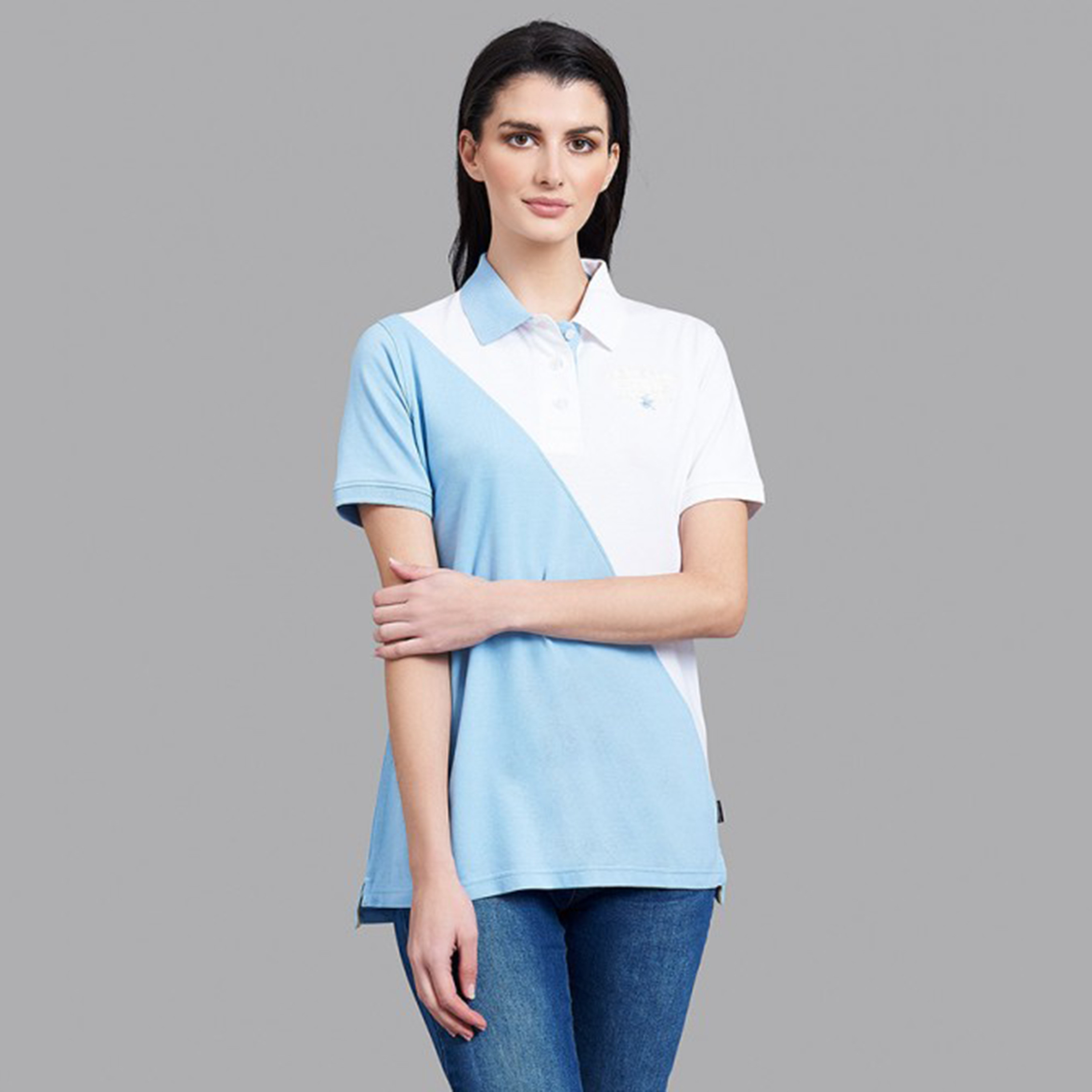 تي شيرت بيفرلي هيلز بولو كلب بأكمام قصيرة مع منسوجة بلون ازرق للنساء-women-clothing-tshirts-image-1