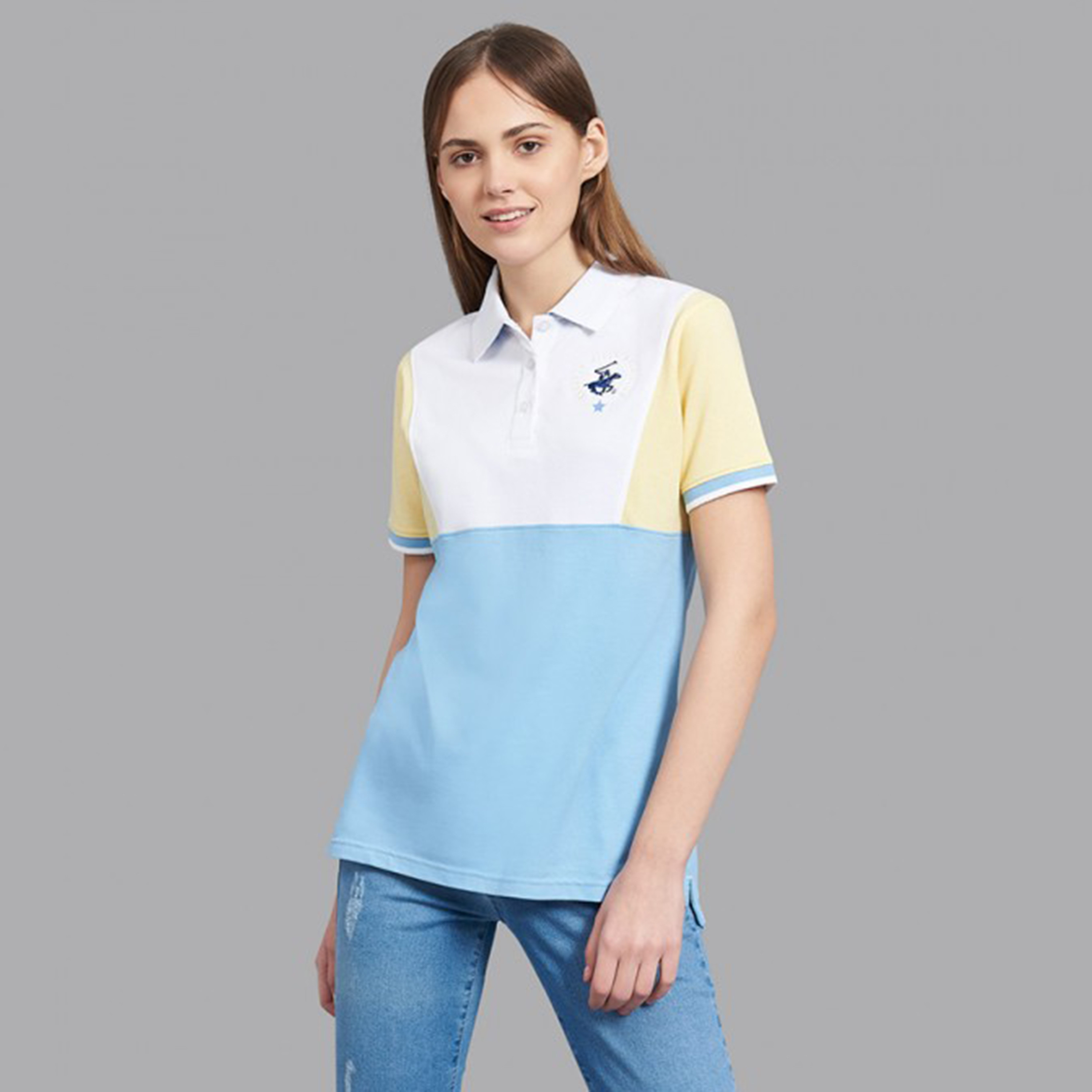 تي شيرت بيفرلي هيلز بولو كلب بأكمام قصيرة مع منسوجة بلون ازرق للنساء-women-clothing-tshirts-image-1