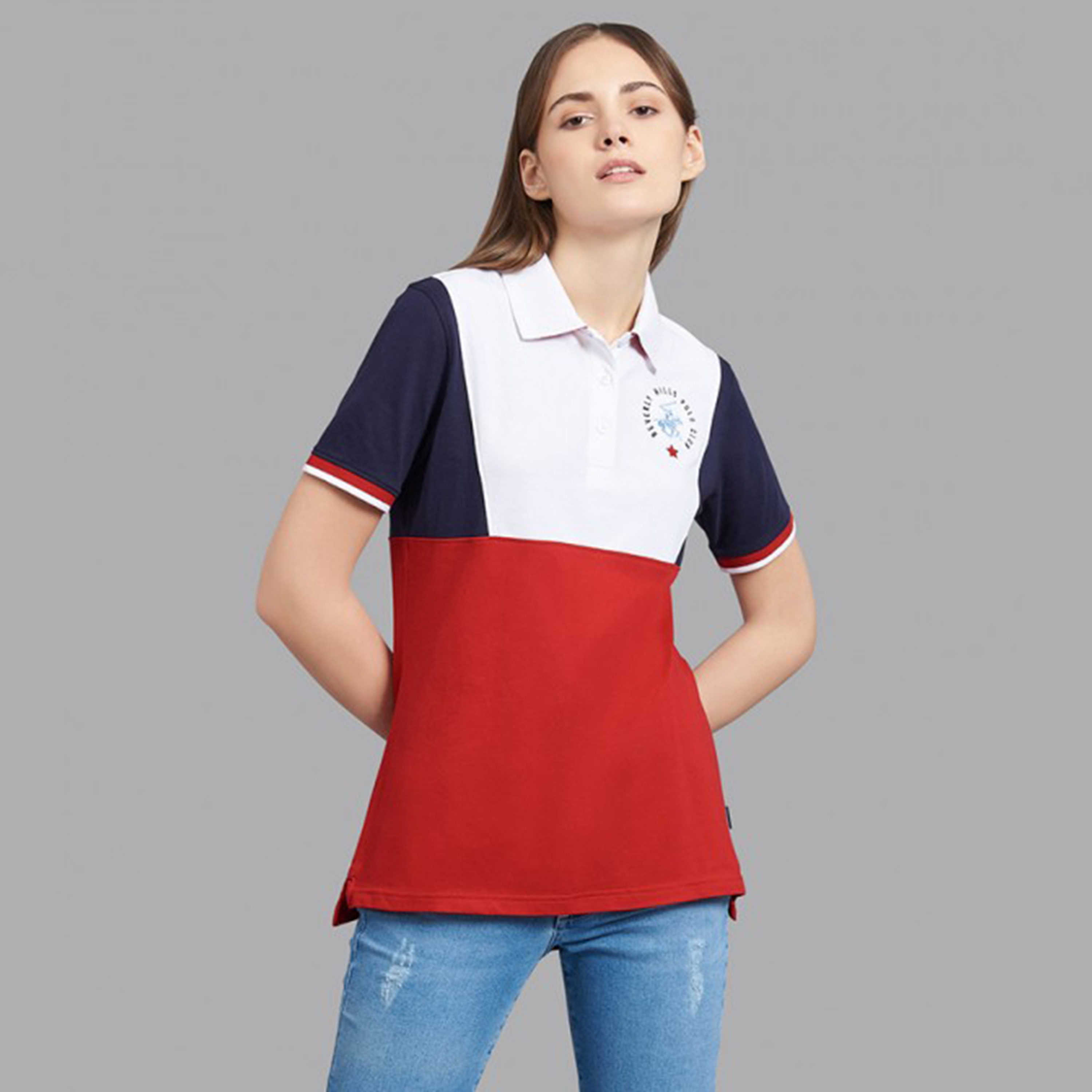 تي شيرت بيفرلي هيلز بولو كلب بأكمام قصيرة مع منسوجة بلون ازرق للنساء-women-clothing-tshirts-image-2