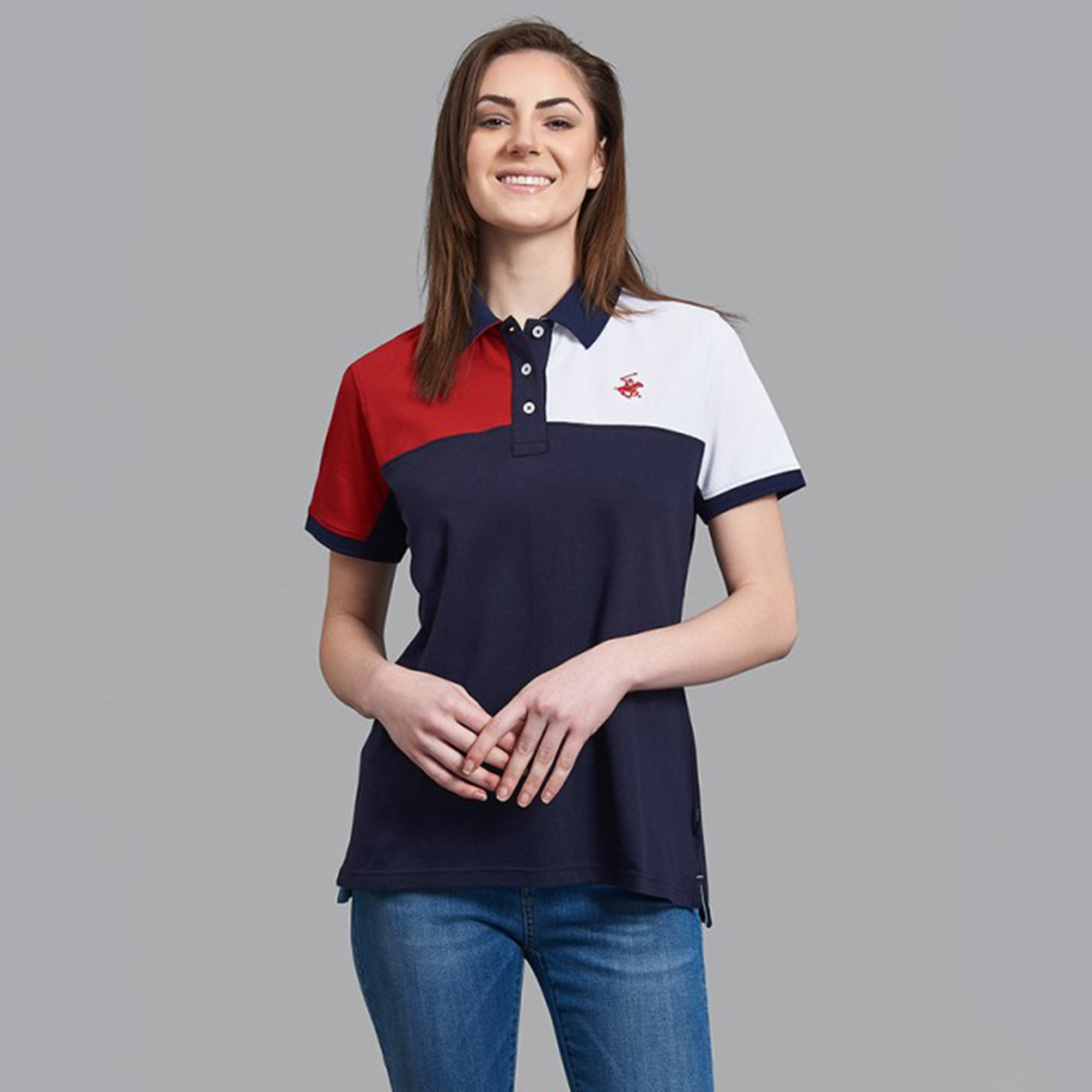 تي شيرت بيفرلي هيلز بولو كلب بأكمام قصيرة مع منسوجة بلون أزرق كحلي للنساء-women-clothing-tshirts-image-1