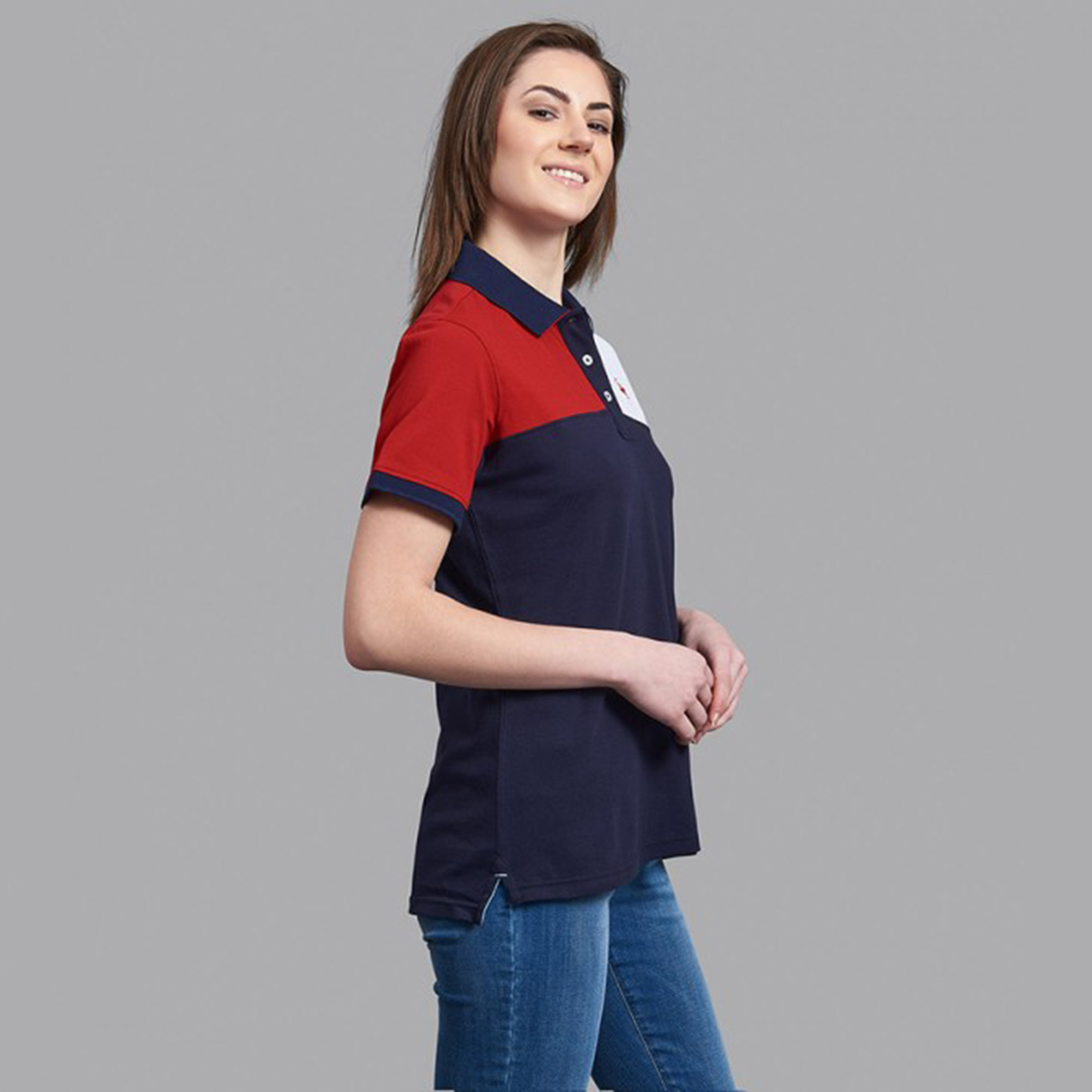 تي شيرت بيفرلي هيلز بولو كلب بأكمام قصيرة مع منسوجة بلون أزرق كحلي للنساء-women-clothing-tshirts-image-2