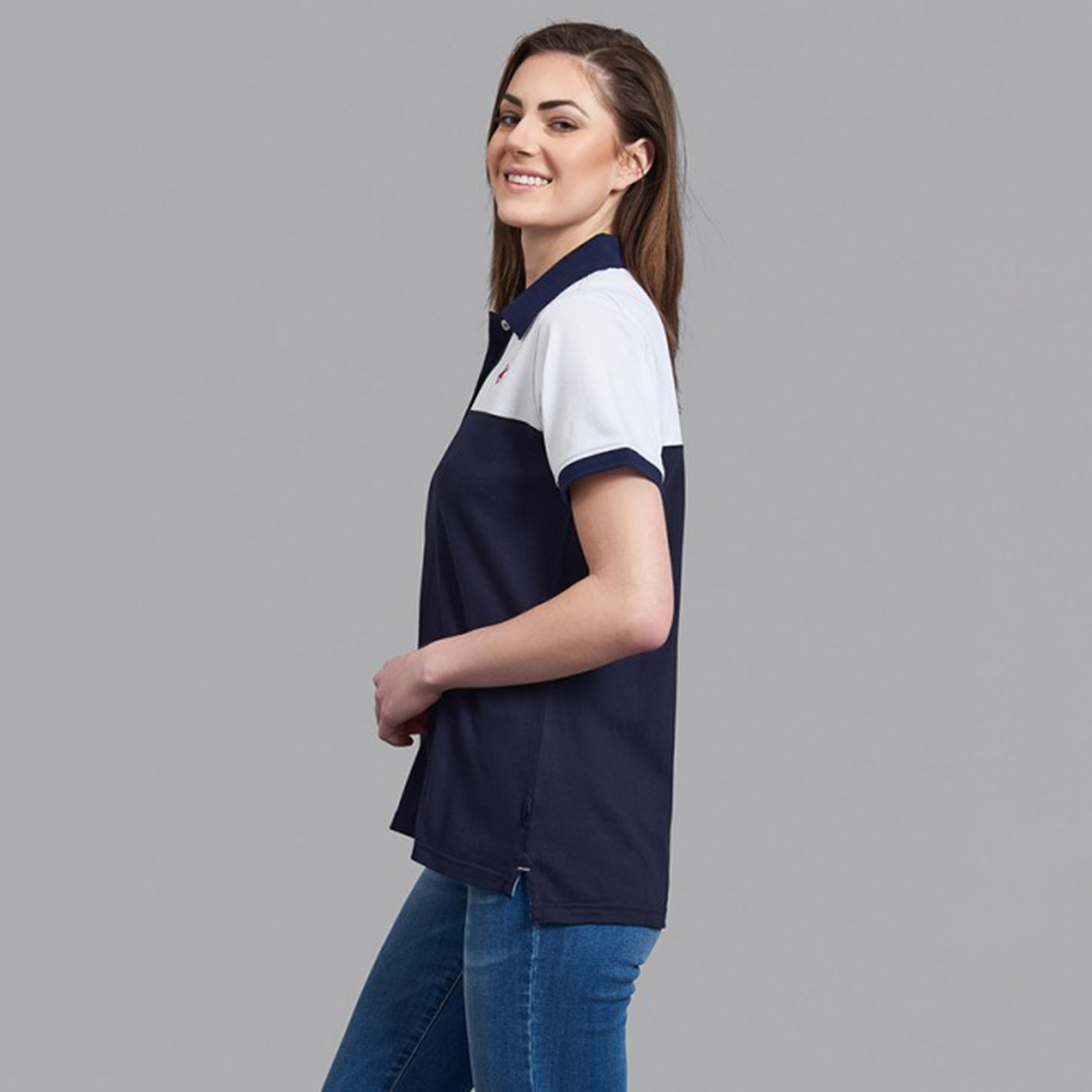 تي شيرت بيفرلي هيلز بولو كلب بأكمام قصيرة مع منسوجة بلون أزرق كحلي للنساء-women-clothing-tshirts-image-3
