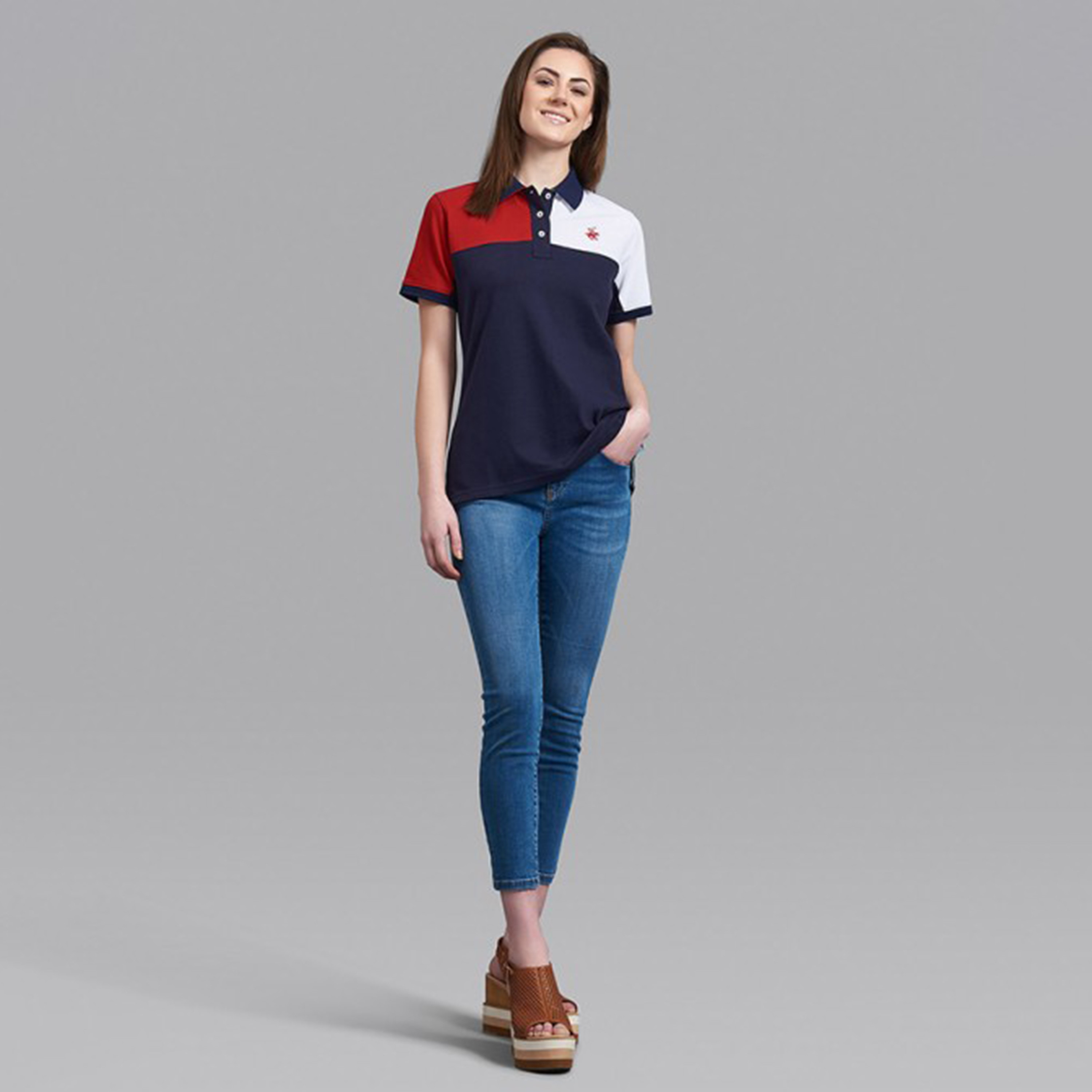 تي شيرت بيفرلي هيلز بولو كلب بأكمام قصيرة مع منسوجة بلون أزرق كحلي للنساء-women-clothing-tshirts-image-4