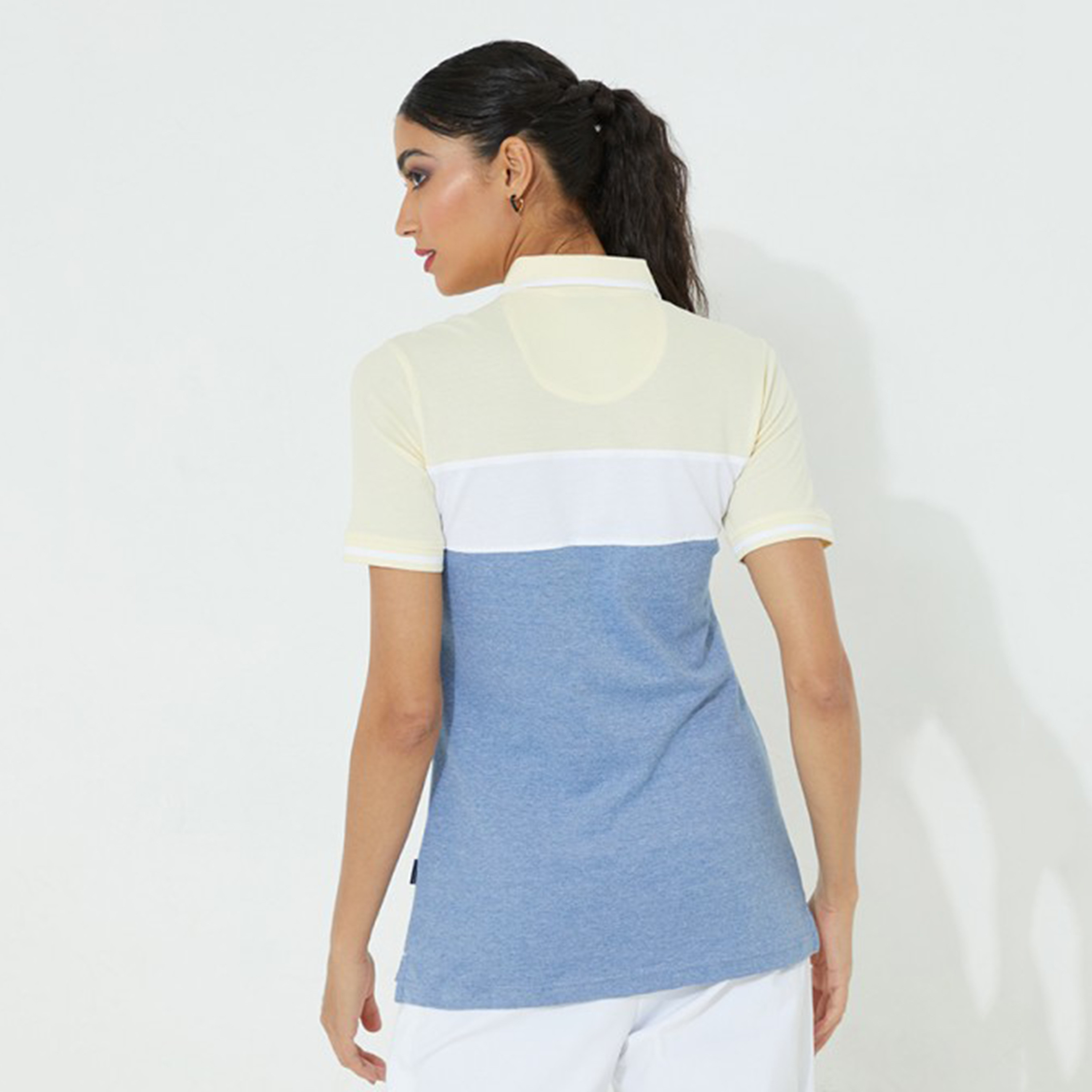 تي شيرت بيفرلي هيلز بولو كلب بأكمام قصيرة مع منسوجة بلون ازرق للنساء-women-clothing-tshirts-image-2