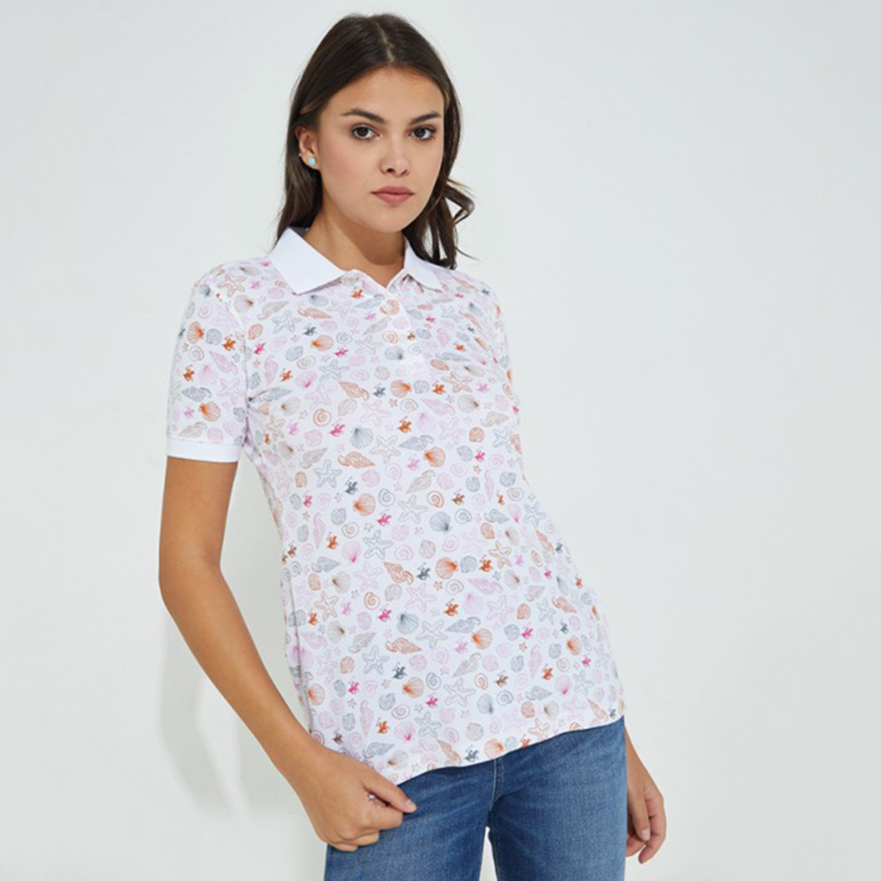 تي شيرت بيفرلي هيلز بولو كلب بأكمام قصيرة مطبوعة بلون ابیض للنساء-women-clothing-tshirts-image-1