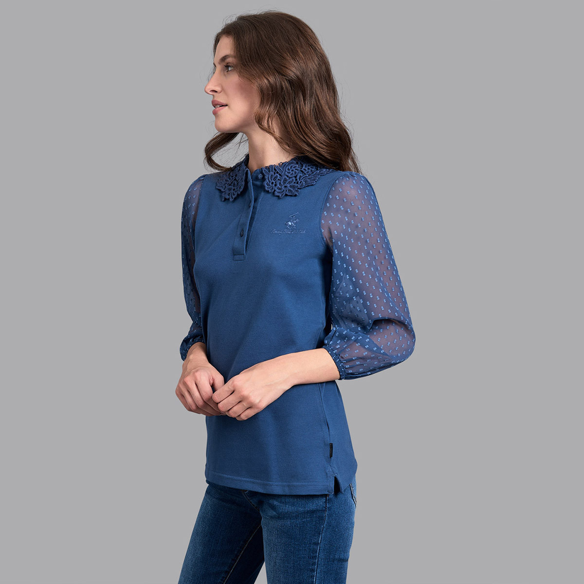 توب أزرق بشعار نسائي مع ياقة مطرزة من بيفرلي هيلز بولو كلوب-women-clothing-shirtsandblouses-blouses-image-4
