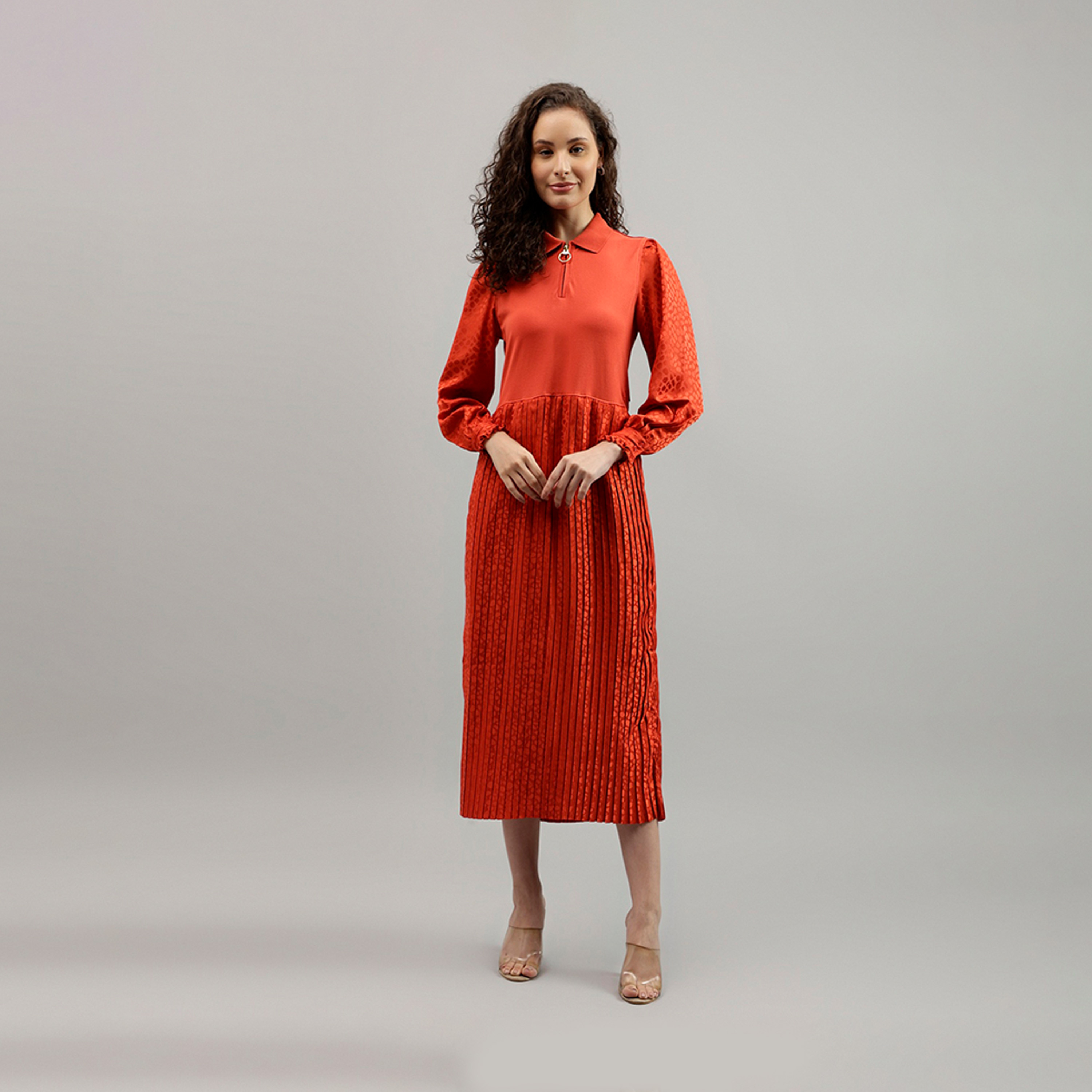 Beverly Hills Polo Club Animal Print Collared Pleated Midi Dress with Puff Sleeves-women-clothing-dresses-image-1