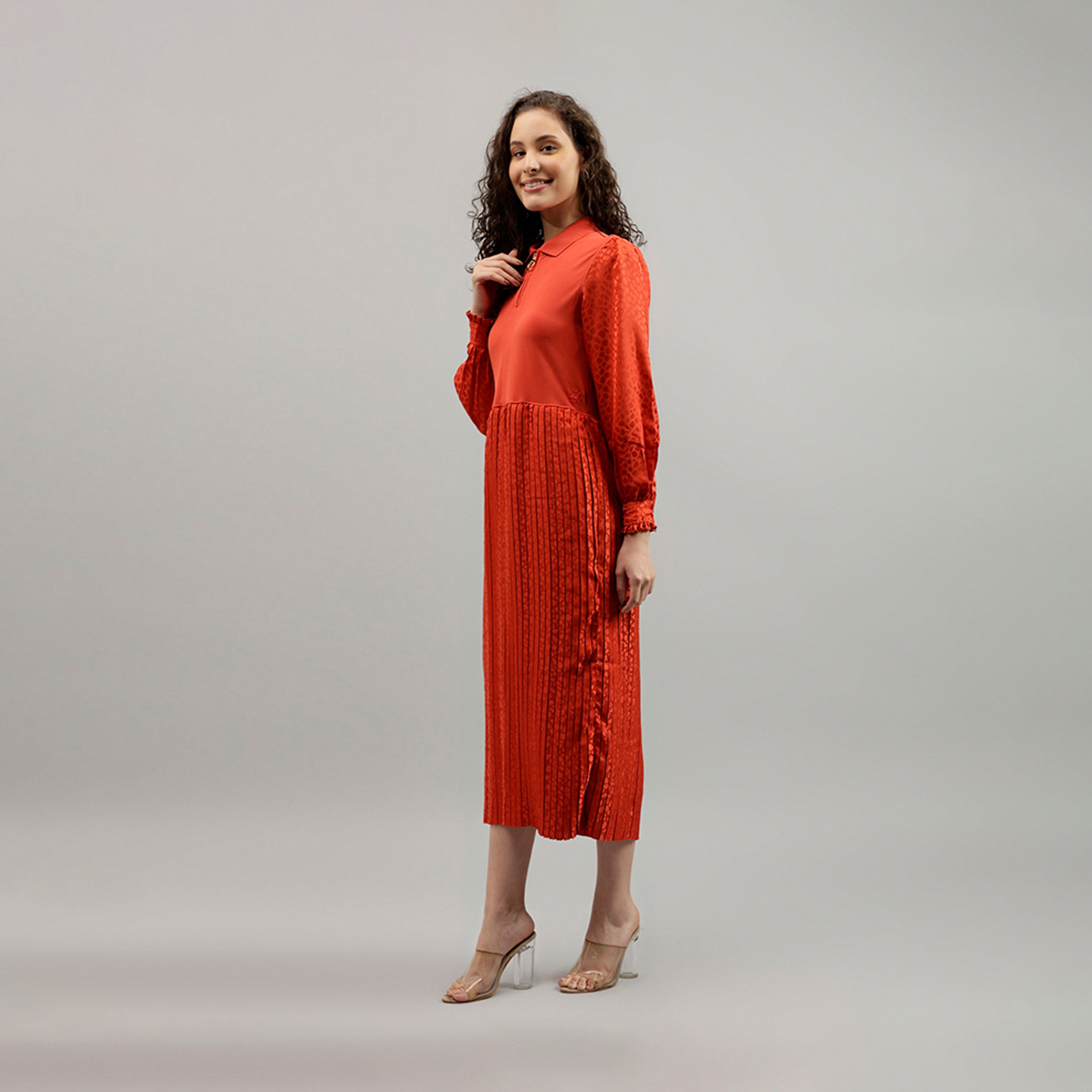 Beverly Hills Polo Club Animal Print Collared Pleated Midi Dress with Puff Sleeves-women-clothing-dresses-image-2