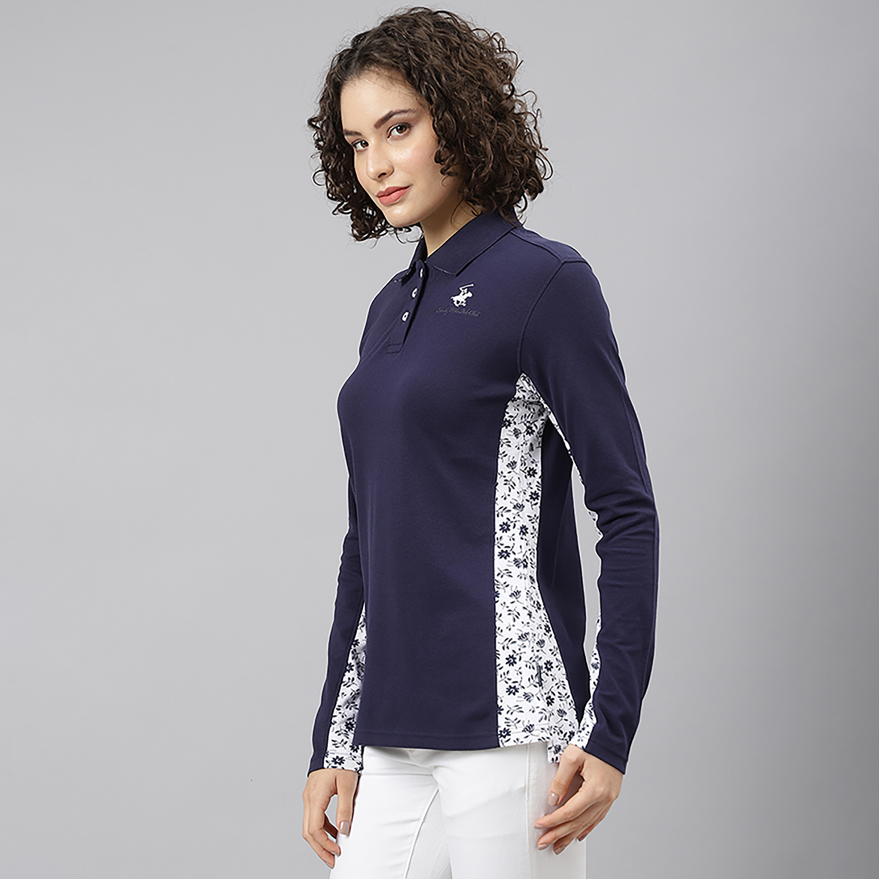 Beverly Hills Polo Club Printed Collared Long Sleeves Polo T-Shirt-women-clothing-tshirts-image-2