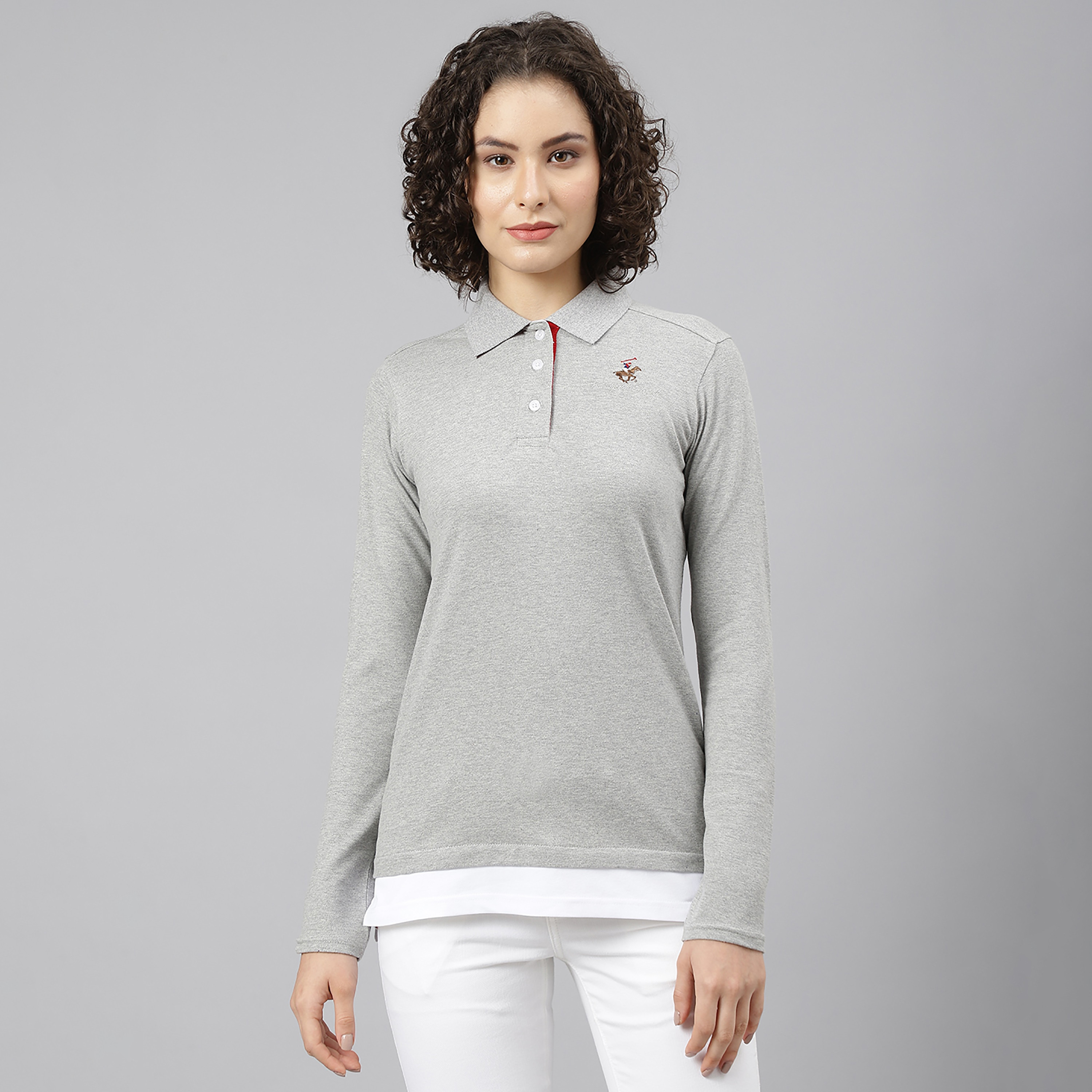 تي شيرت بيفرلي هيلز بولو كلب بأكمام طويلة سادة بلون رمادي للنساء-women-clothing-tshirts-image-1