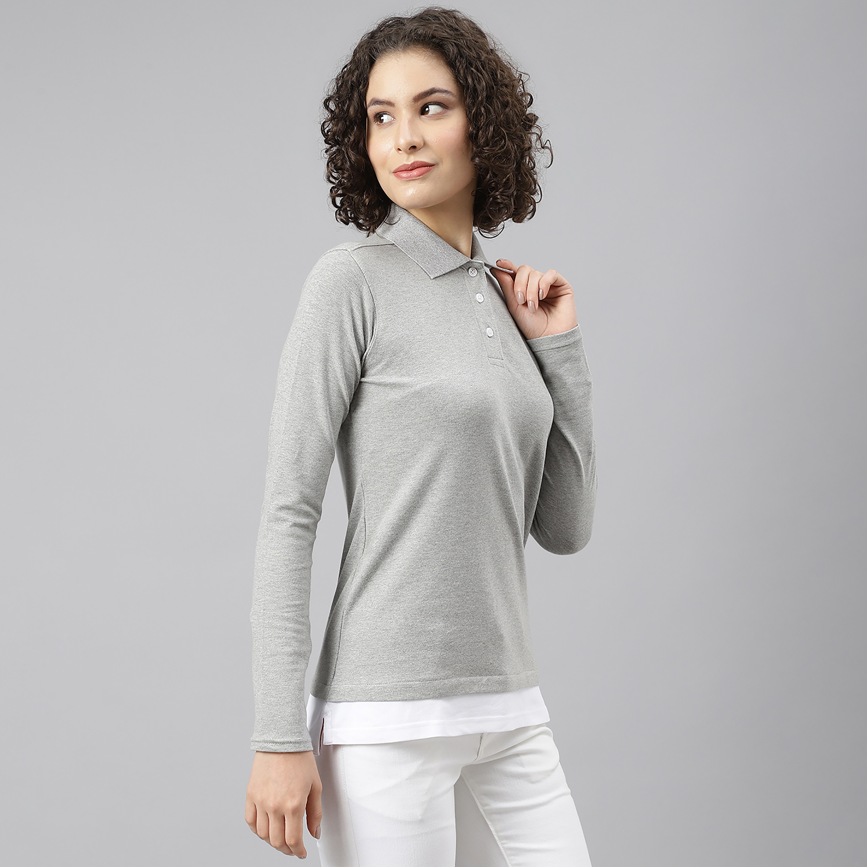 تي شيرت بيفرلي هيلز بولو كلب بأكمام طويلة سادة بلون رمادي للنساء-women-clothing-tshirts-image-3