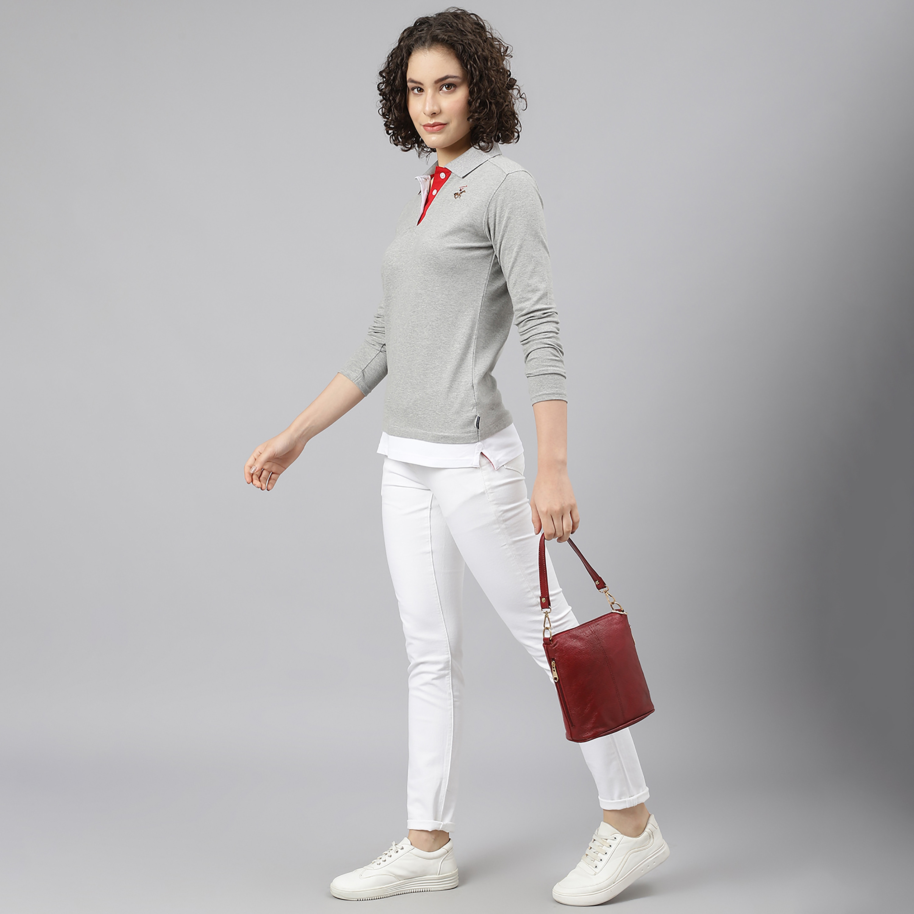 تي شيرت بيفرلي هيلز بولو كلب بأكمام طويلة سادة بلون رمادي للنساء-women-clothing-tshirts-image-6