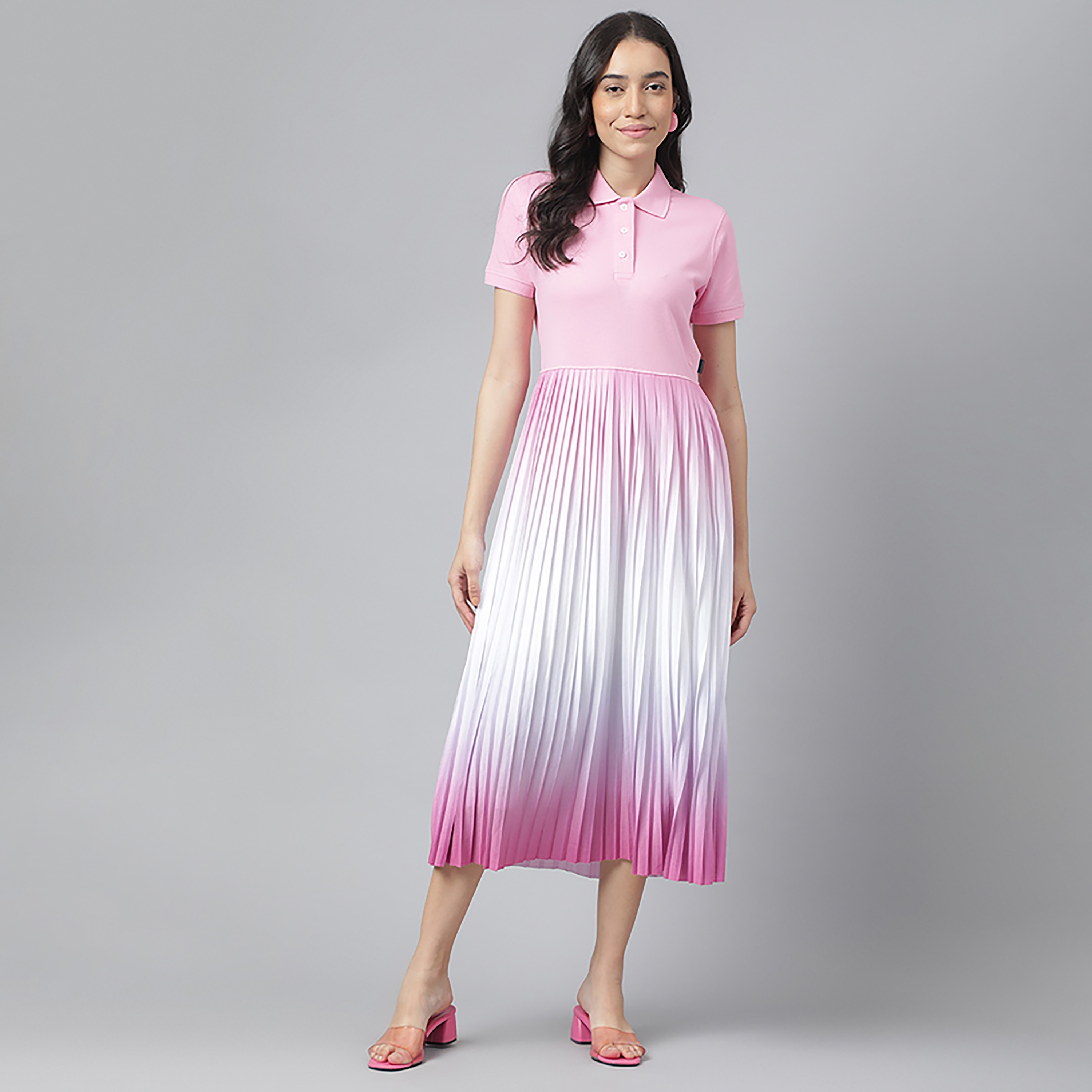 فستان ميدي بطيات مع ياقة أومبير بولو من بيفرلي هيلز بولو كلوب-women-clothing-dresses-image-1