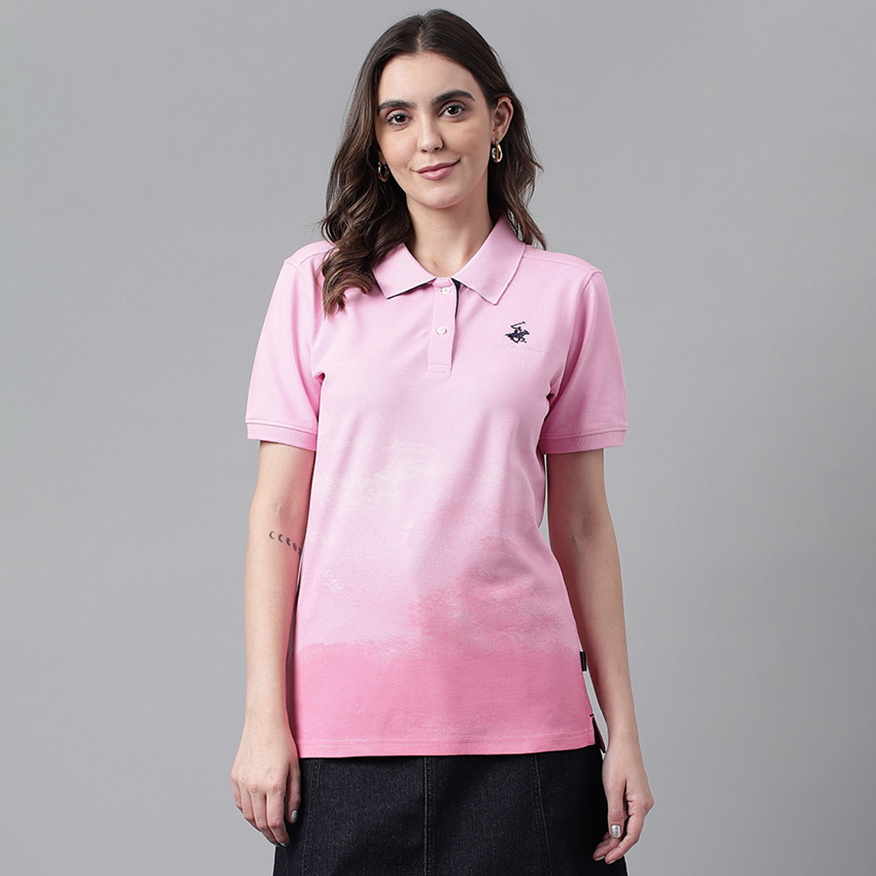 Beverly Hills Polo Club Printed Collared Short Sleeves Polo T-Shirt-women-clothing-tshirts-image-1