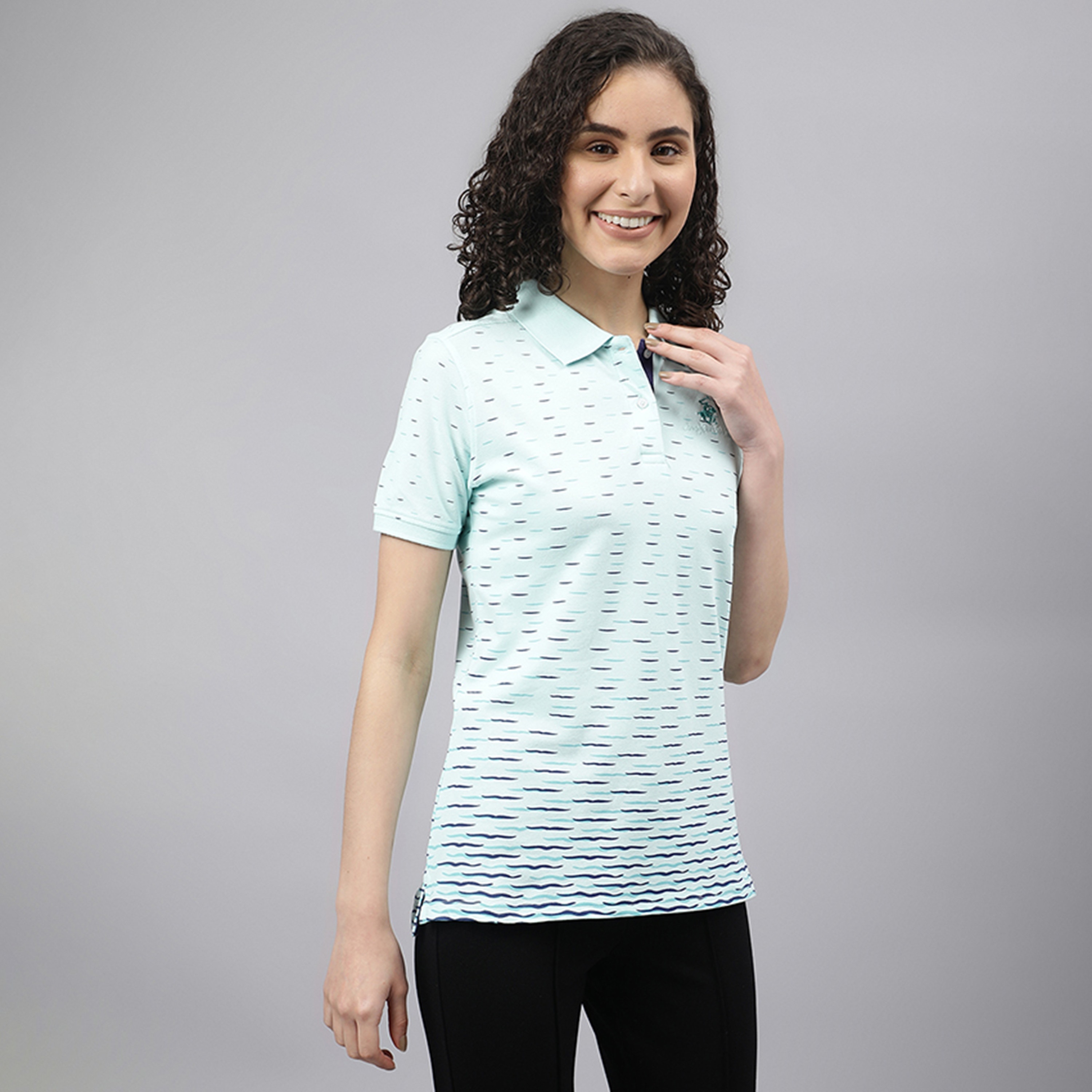 Beverly Hills Polo Club Printed Collared Short Sleeves Polo T-Shirt-women-clothing-tshirts-image-3