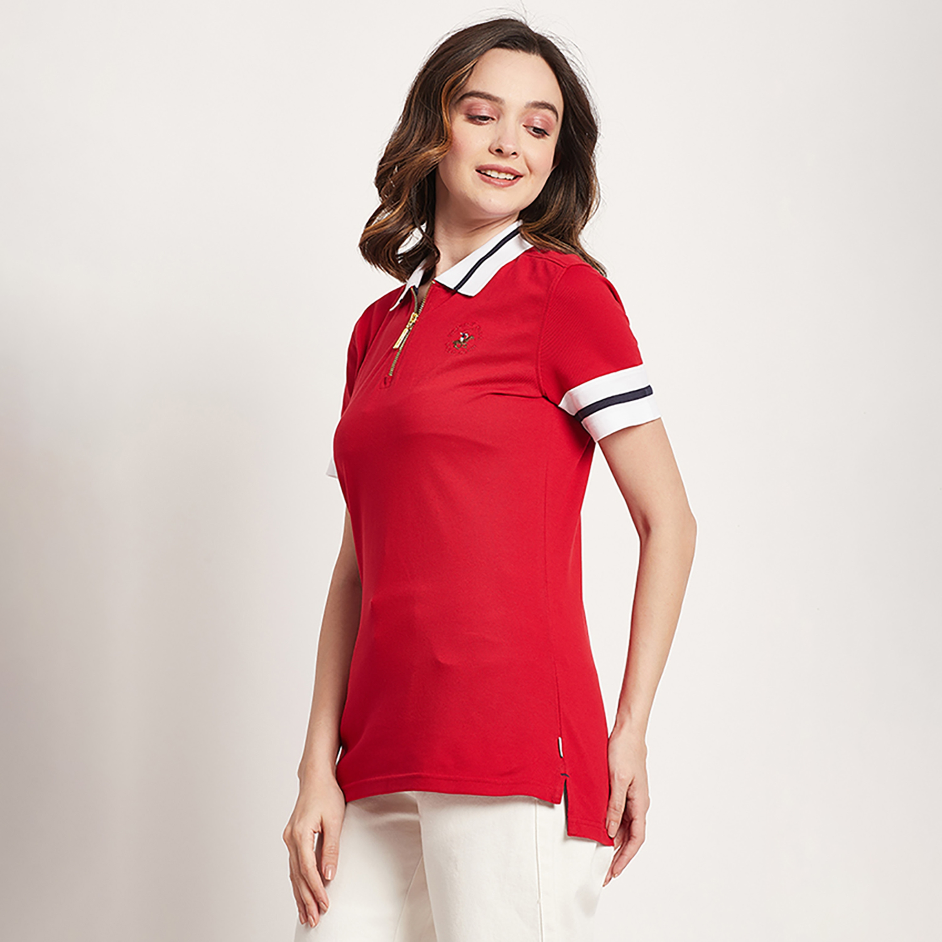 Beverly Hills Polo Club Logo Collared Short Sleeves Half-Zip Polo T-Shirt-women-clothing-tshirts-image-2