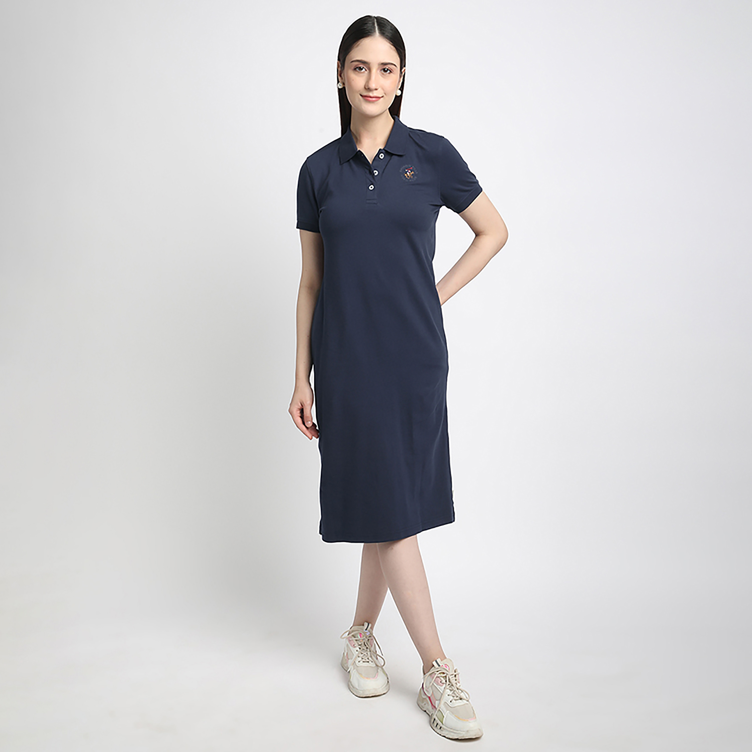 Beverly Hills Polo Club Plain Collared Short Sleeve Women's Midi T-Shirt Dress-women-clothing-dresses-image-1