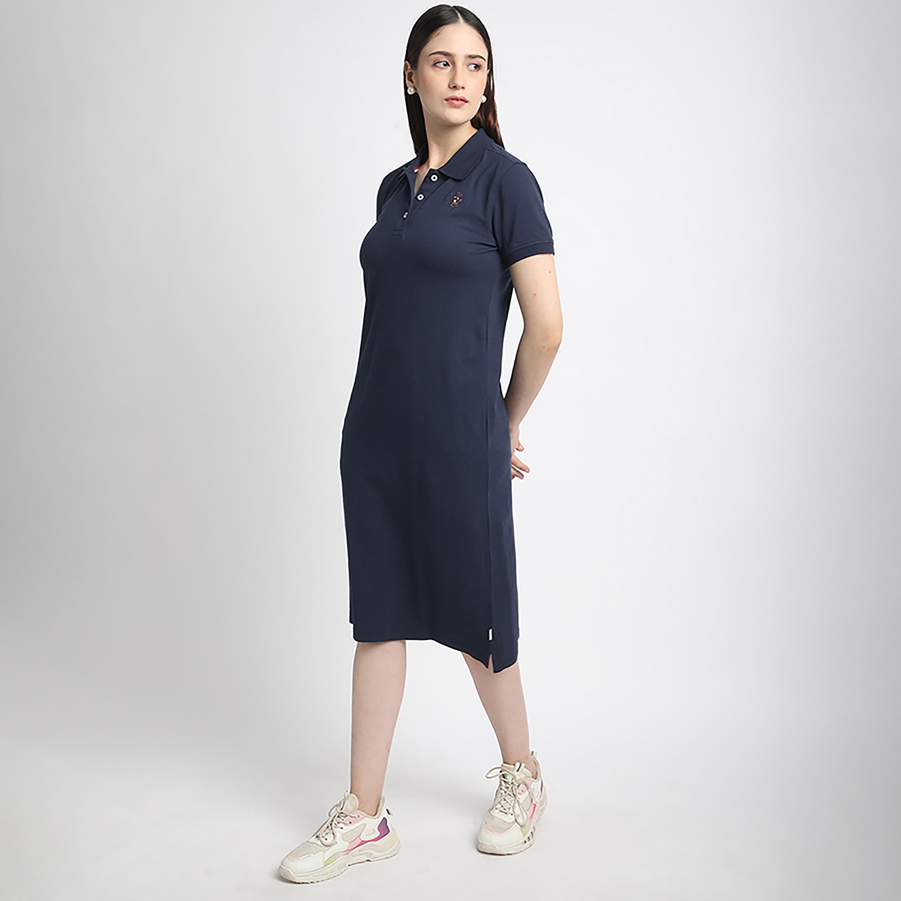Beverly Hills Polo Club Plain Collared Short Sleeve Women's Midi T-Shirt Dress-women-clothing-dresses-image-2