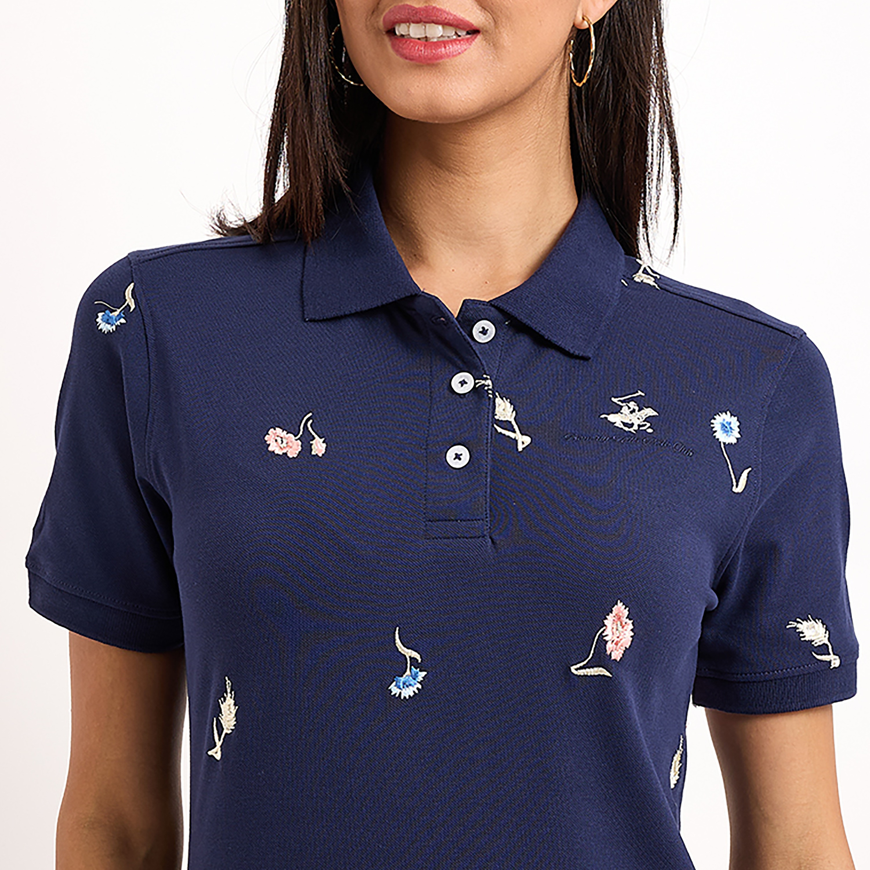 Beverly Hills Polo Club Floral Embroidered Collared Short Sleeves Women's Polo T-Shirt-women-clothing-tshirts-image-2