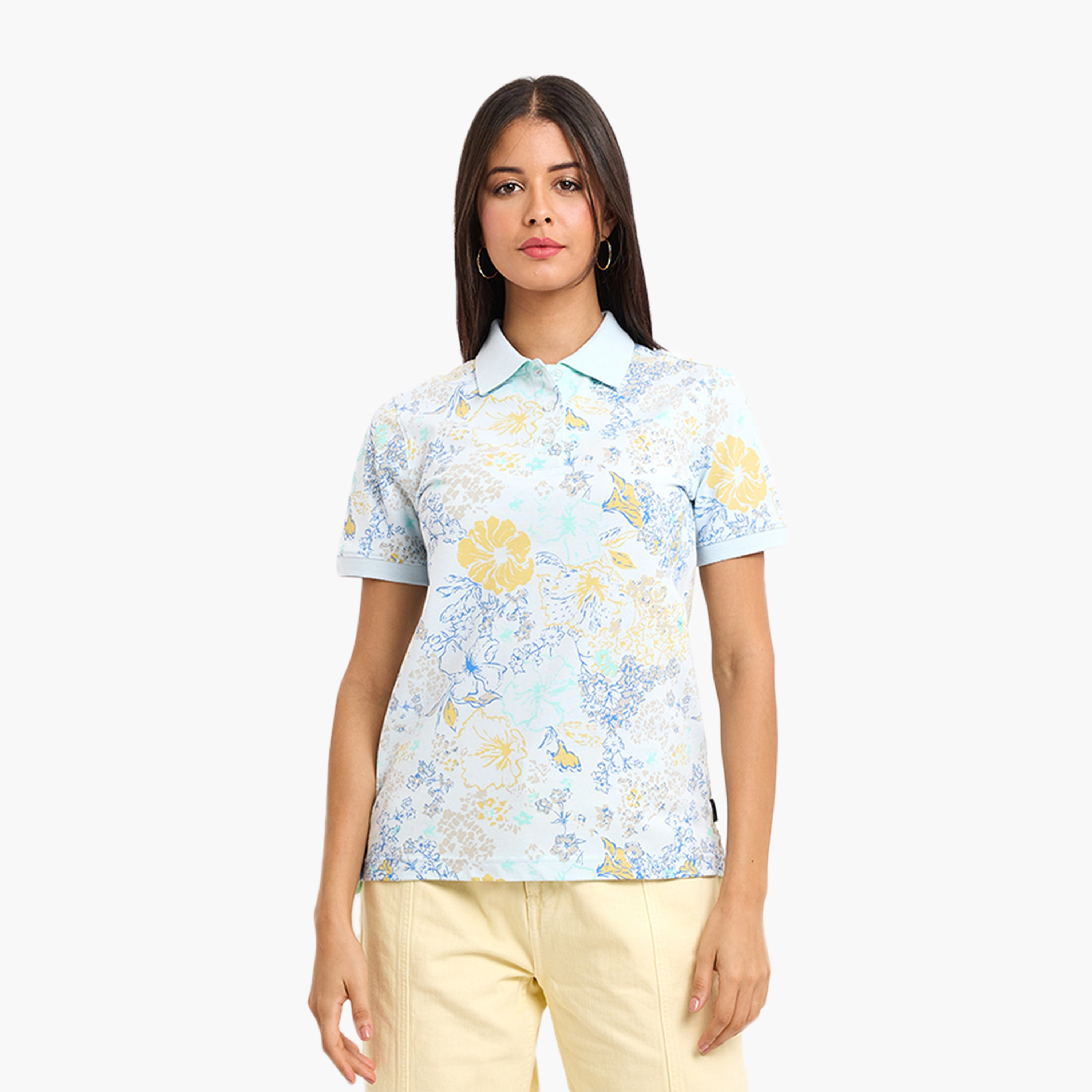 تيشيرت بولو نسائي بياقة وأكمام قصيرة مزين بنقشة زهور من بيفرلي هيلز بولو كلوب-women-clothing-tshirts-image-1