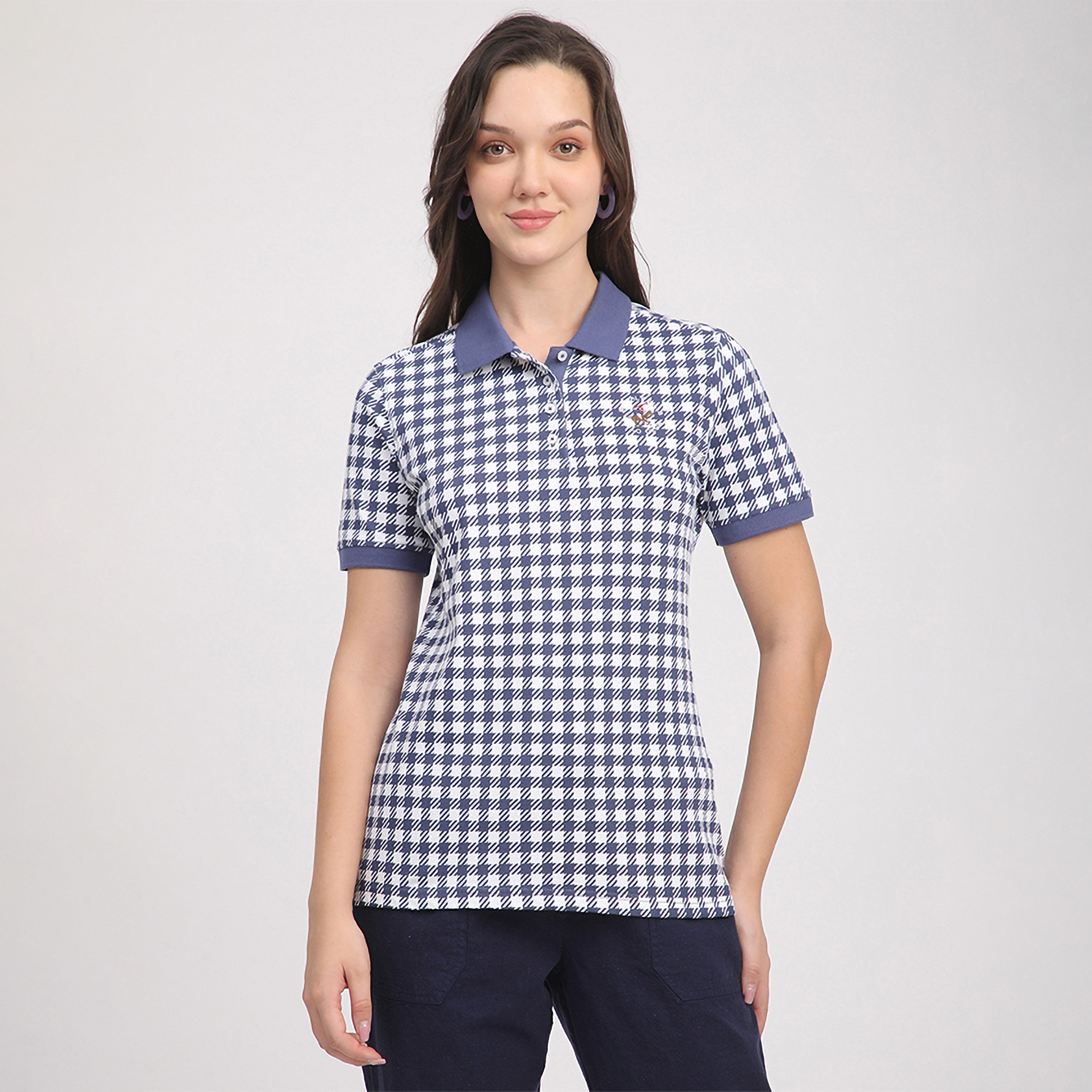 Beverly Hills Polo Club Checked Collared Short Sleeves Women's Polo T-Shirt-women-clothing-tshirts-image-1