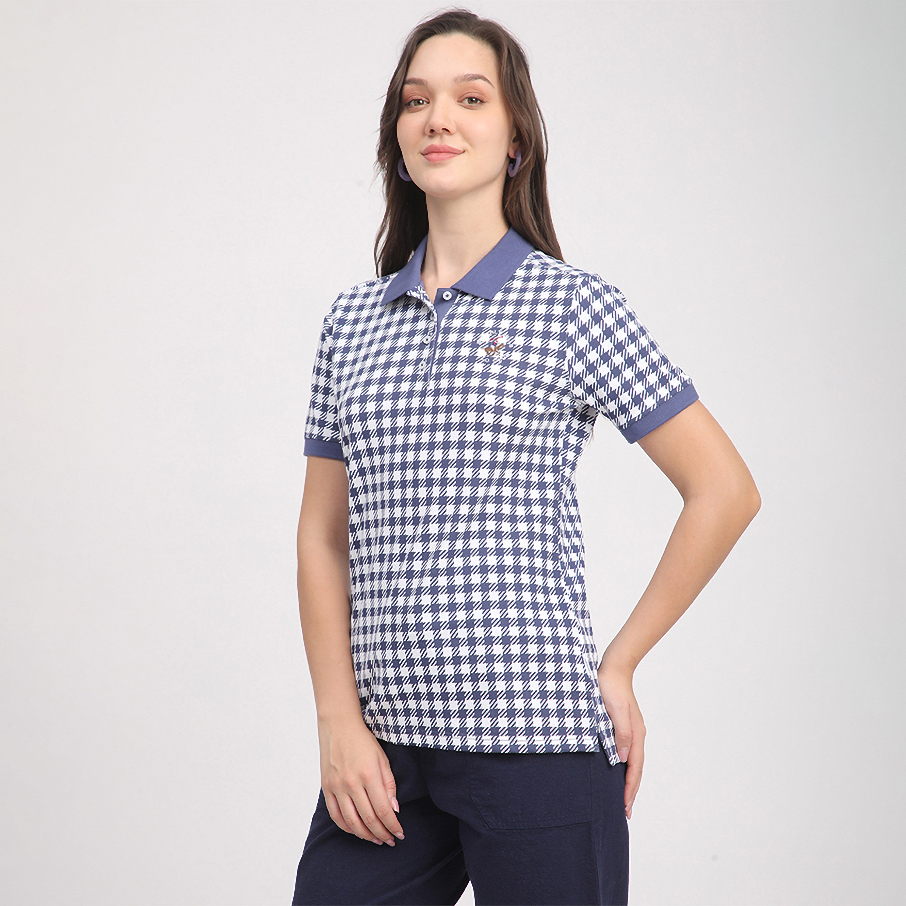 Beverly Hills Polo Club Checked Collared Short Sleeves Women's Polo T-Shirt-women-clothing-tshirts-image-2