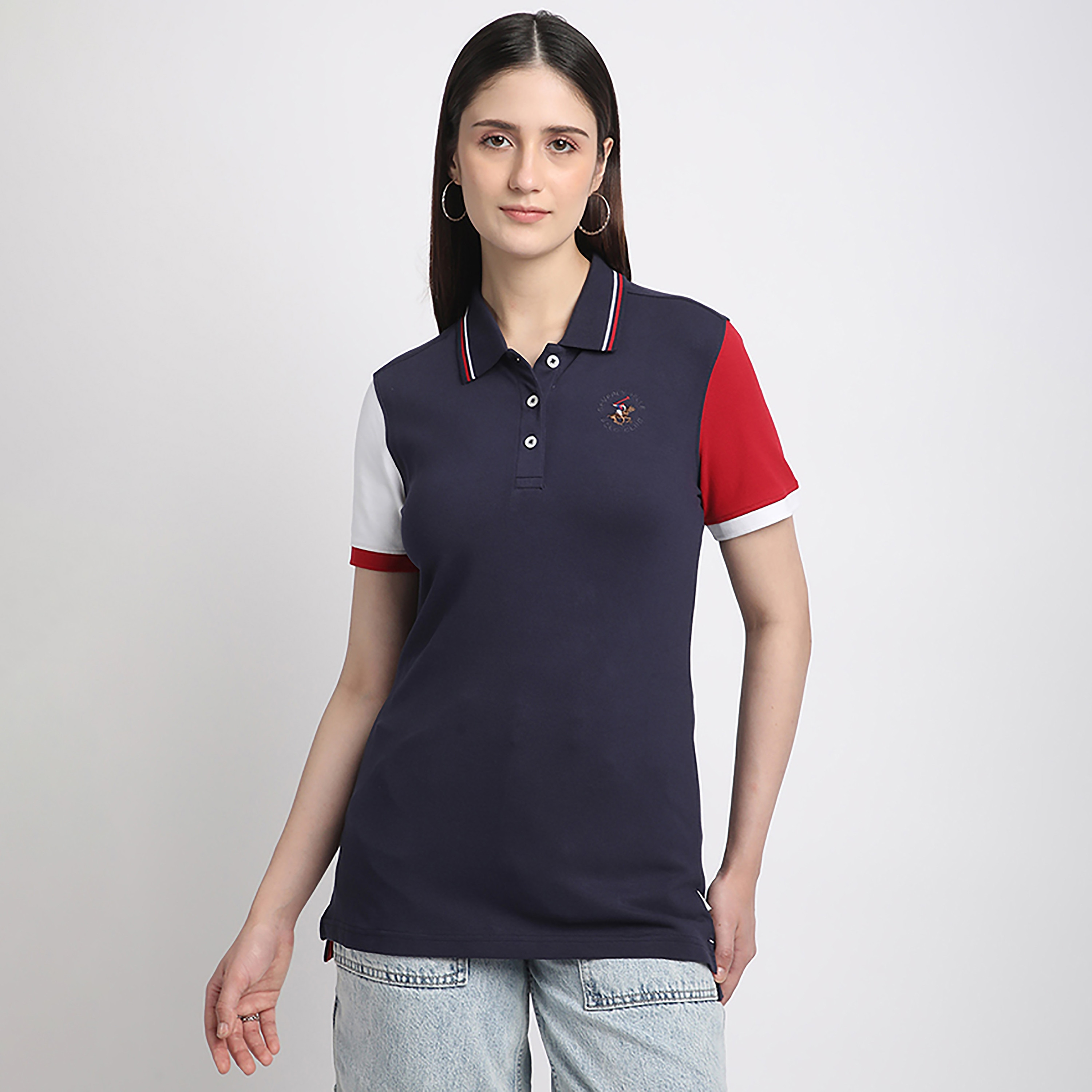 Beverly Hills Polo Club Color Block Collared Short Sleeve Women's Polo T-Shirt-women-clothing-tshirts-image-1
