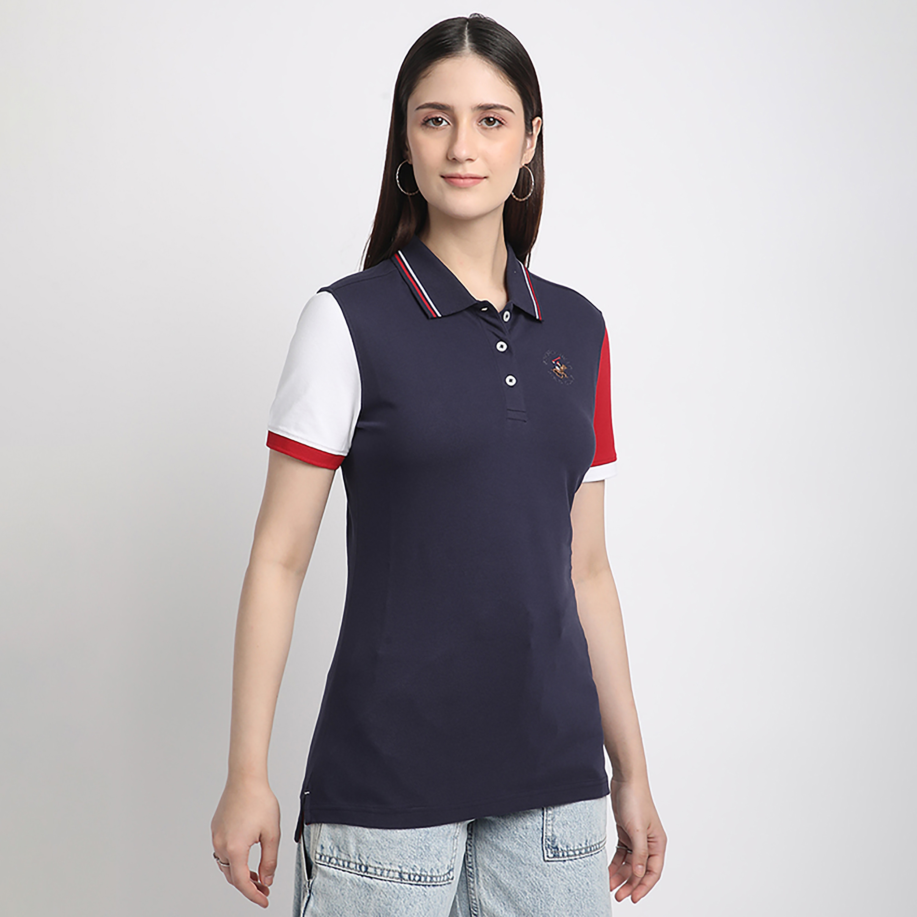 Beverly Hills Polo Club Color Block Collared Short Sleeve Women's Polo T-Shirt-women-clothing-tshirts-image-3