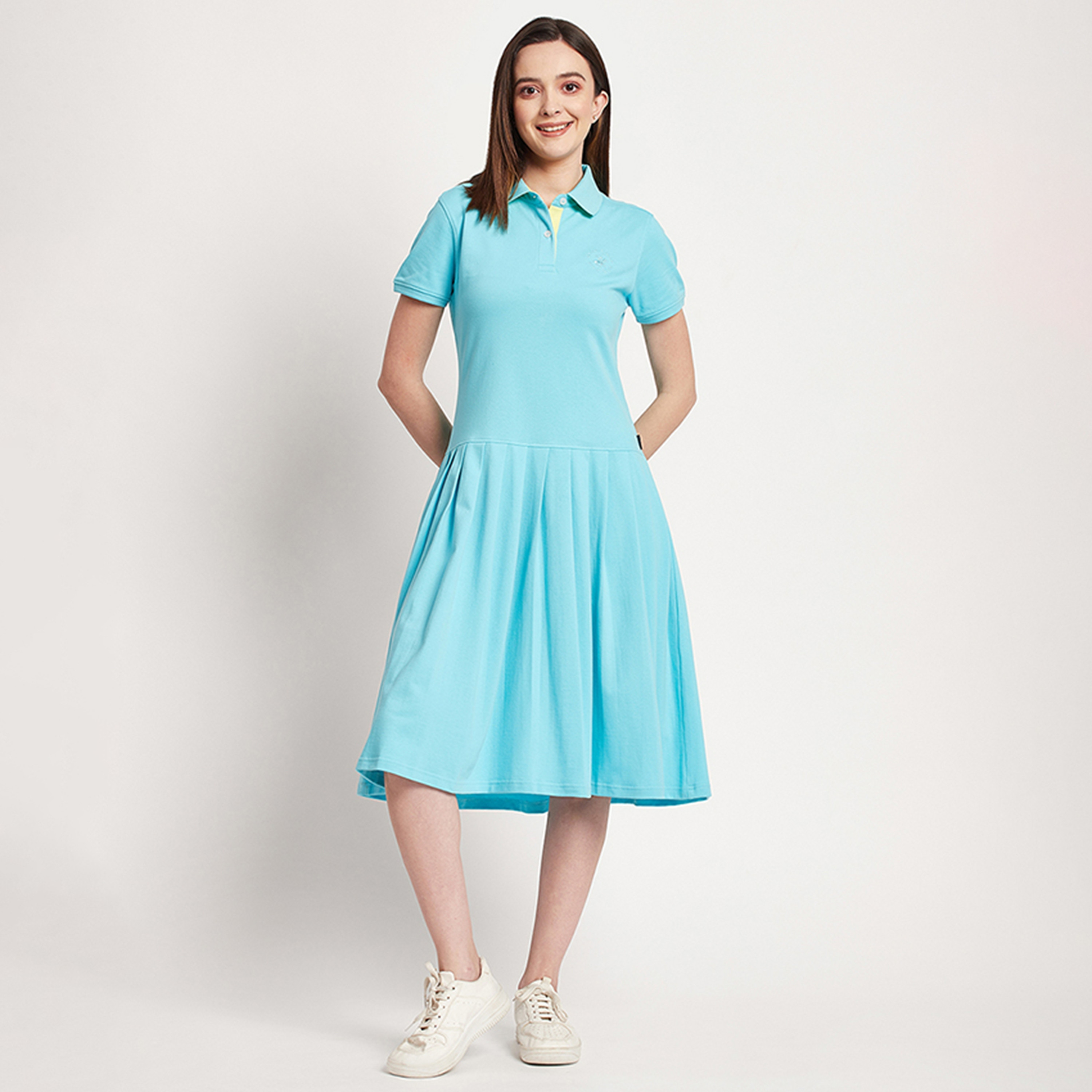 Beverly Hills Polo Club Logo Polo Collar Midi Pleated T-Shirt Dress-women-clothing-dresses-image-1
