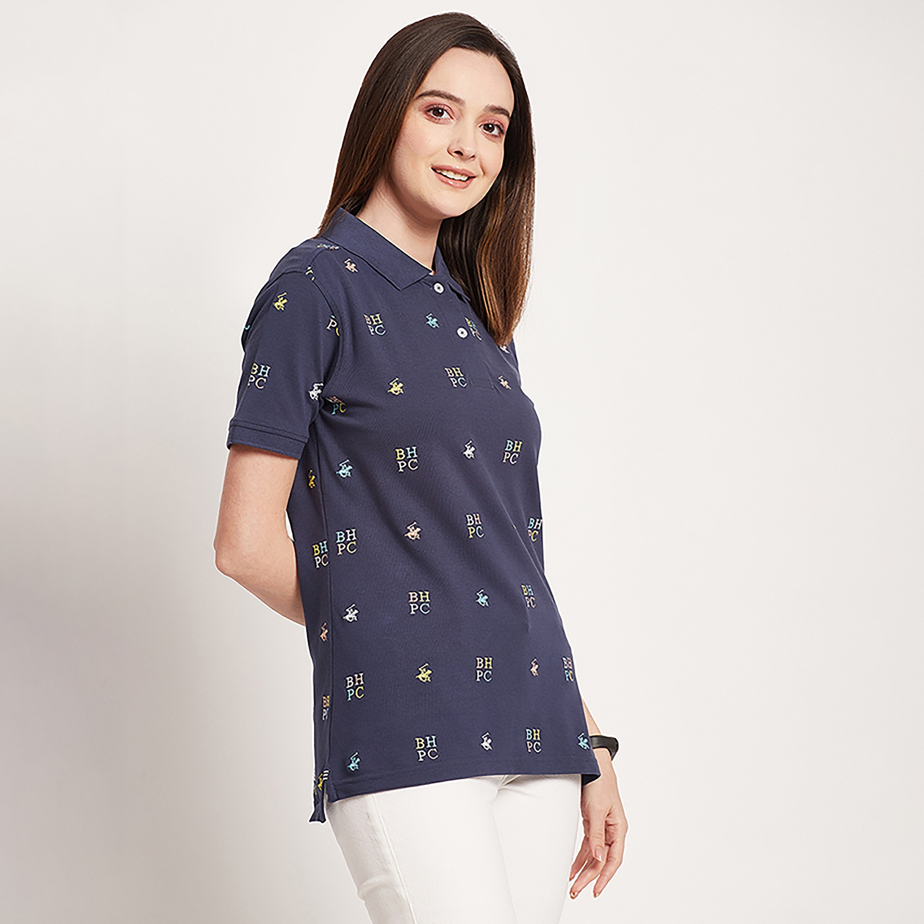 Beverly Hills Polo Club All Over Logo Collared Short Sleeves Polo T-Shirt-women-clothing-tshirts-image-3