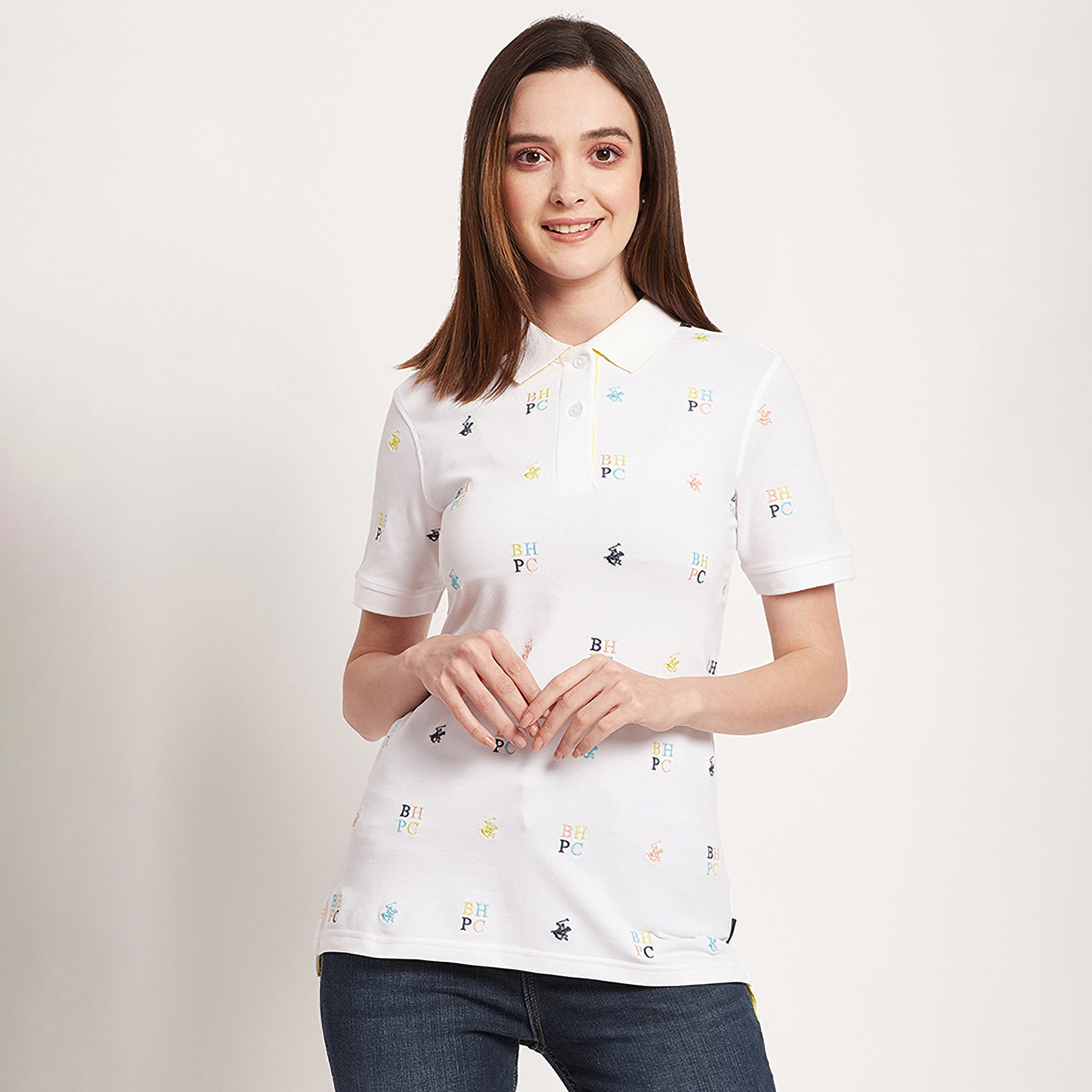 تي شيرت بولو من بيفرلي هيلز بولو كلوب بياقة وأكمام قصيرة مع شعار بالكامل-women-clothing-tshirts-image-5