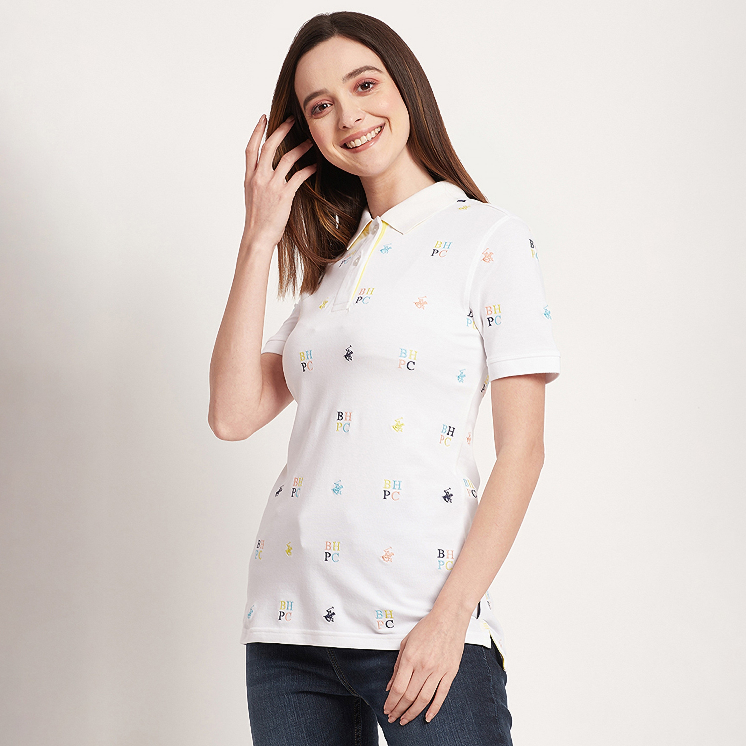 تي شيرت بولو من بيفرلي هيلز بولو كلوب بياقة وأكمام قصيرة مع شعار بالكامل-women-clothing-tshirts-image-6