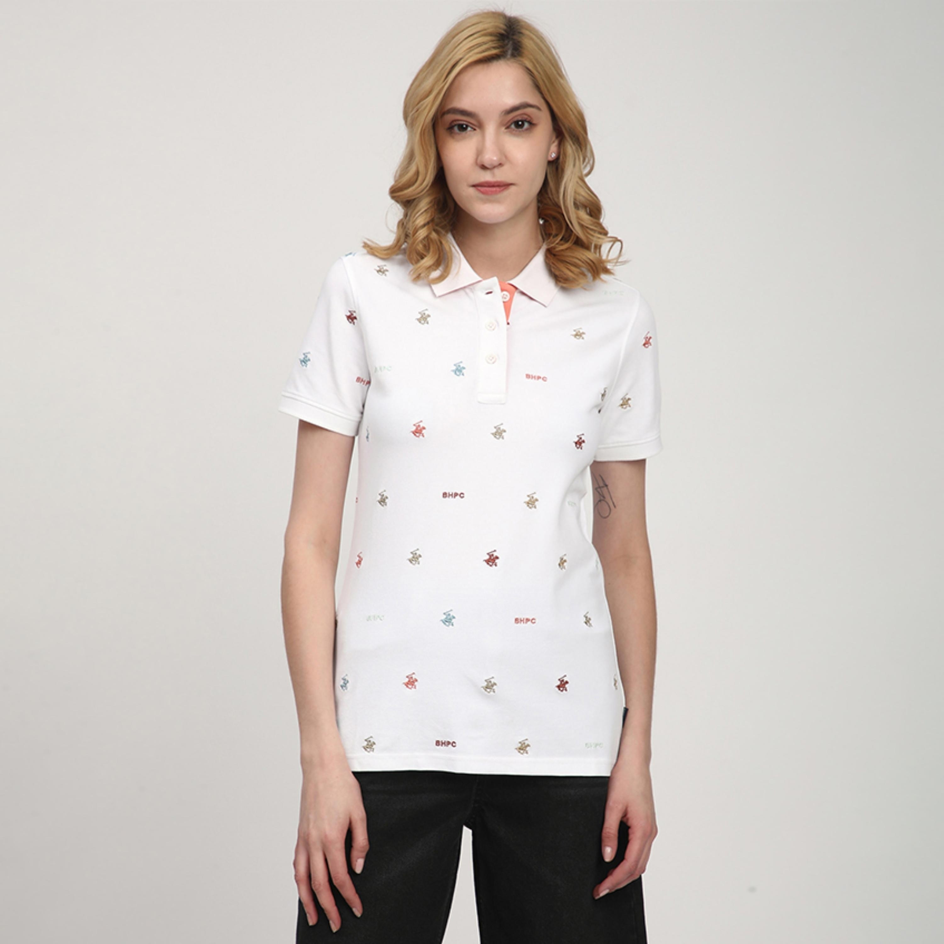 تي شيرت بولو نسائي بأكمام قصيرة وياقة مطرزة بالكامل بشعار من بيفرلي هيلز بولو كلوب-women-clothing-tshirts-image-1