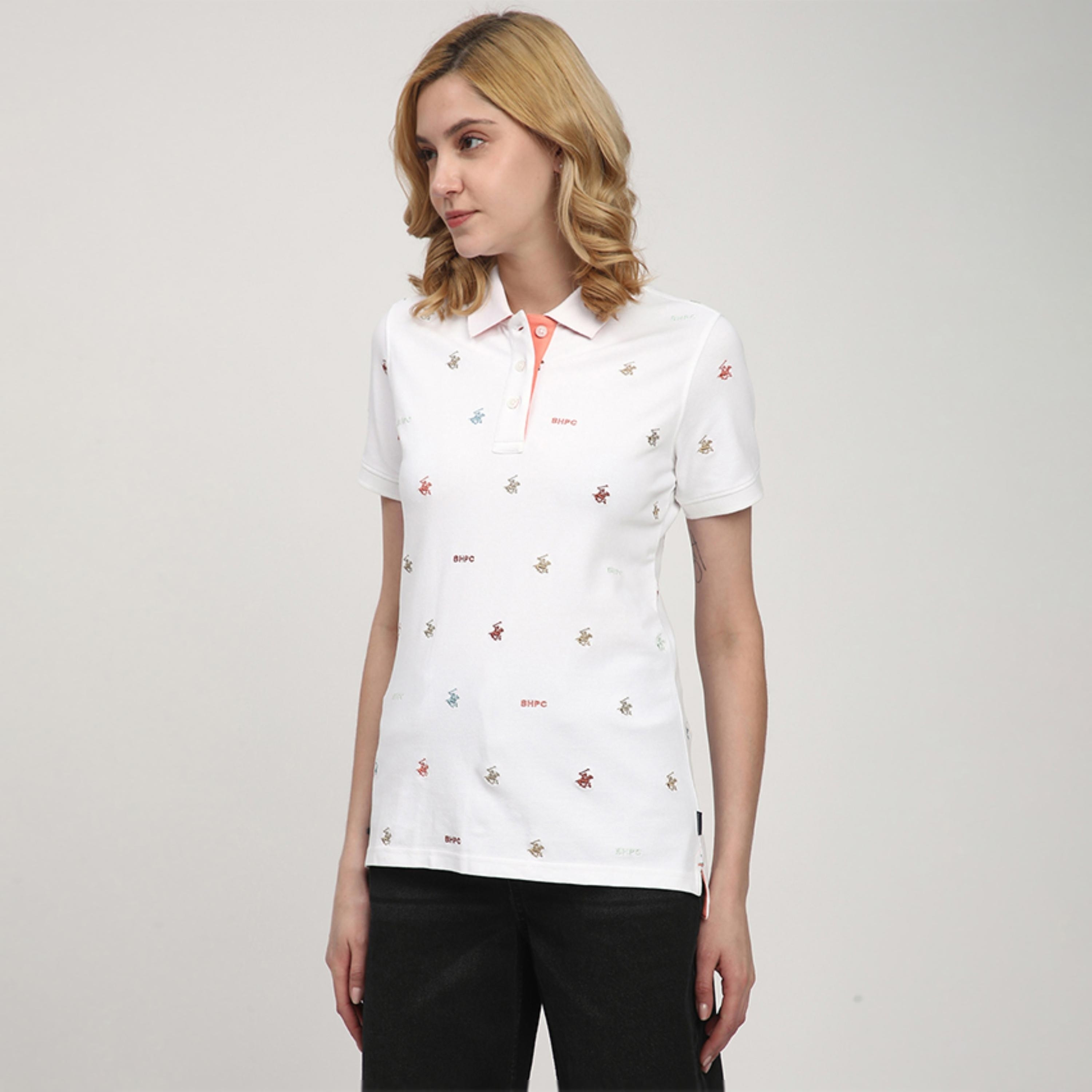 تي شيرت بولو نسائي بأكمام قصيرة وياقة مطرزة بالكامل بشعار من بيفرلي هيلز بولو كلوب-women-clothing-tshirts-image-2