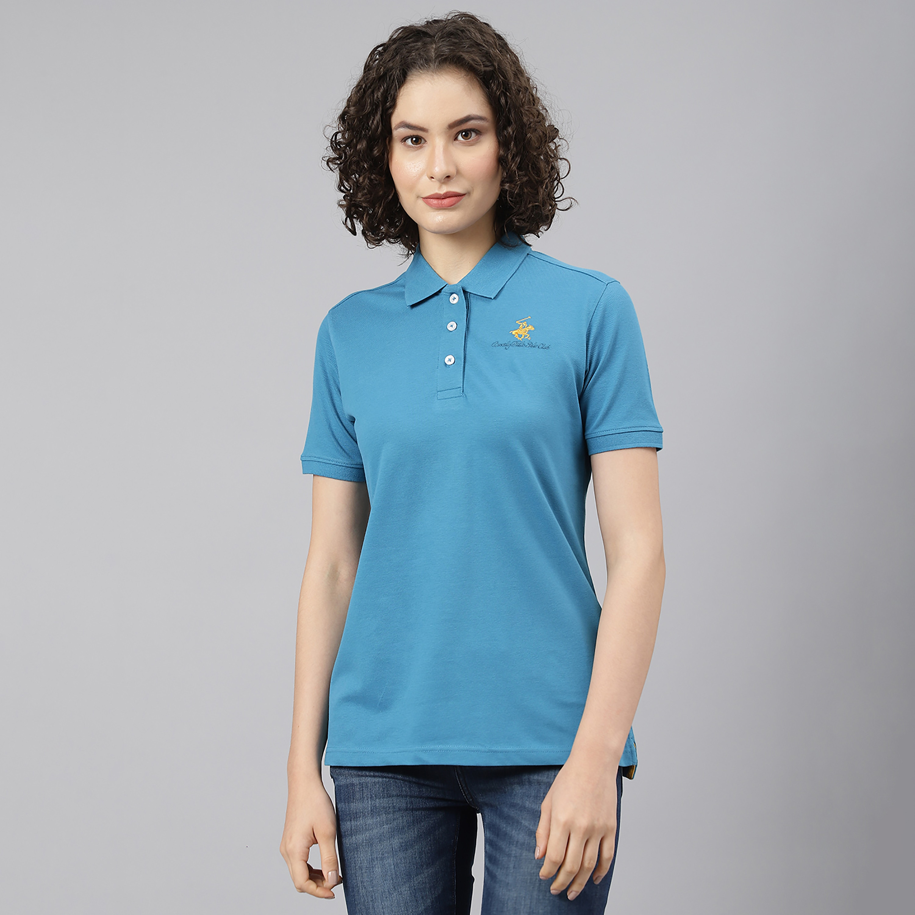 تي شيرت بيفرلي هيلز بولو كلب بأكمام قصيرة سادة بأزرق للنساء-women-clothing-tshirts-image-1